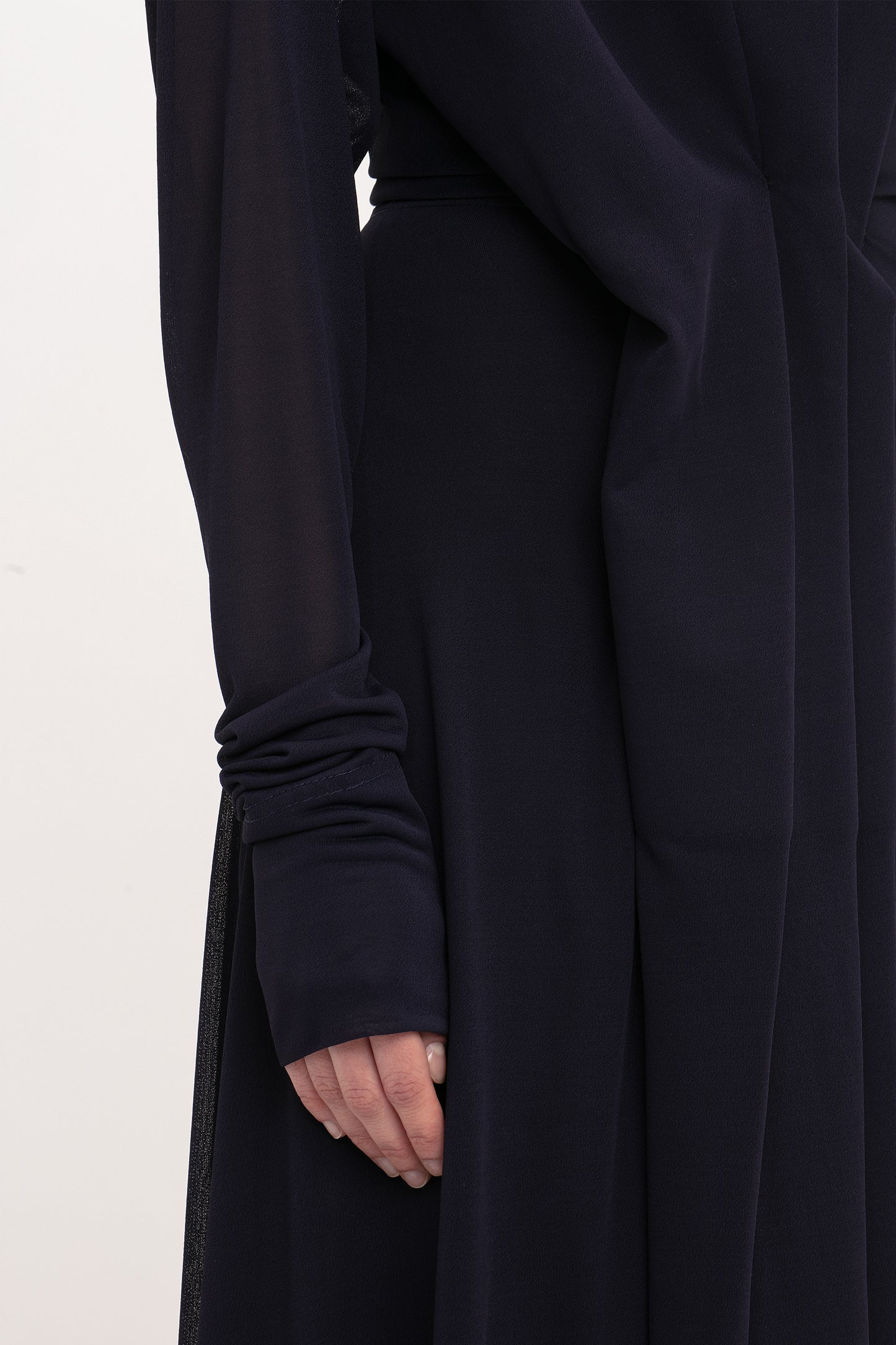 Long Sleeve Draped Jersey Floor-Length Gown In Ink Blue