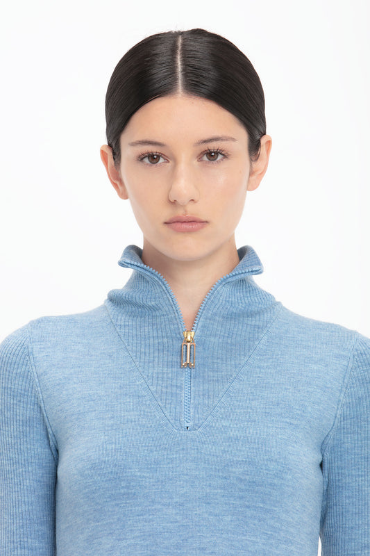 Half Zip Short Sleeve Knitted Top In Bluebell