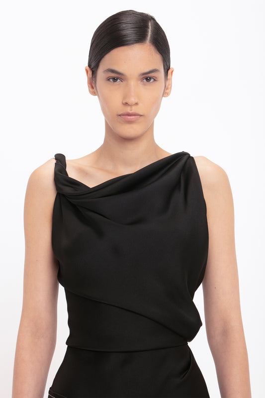 Asymmetric Draped Midi Dress In Black