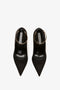 Top view of a pair of Pointy Toe Pump in Black Satin by Victoria Beckham with golden ankle straps and 100mm heels.