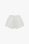 Drawstring Embroidered Mini Short In Antique White by Victoria Beckham, crafted from an antique white linen-cotton blend, feature an elastic waistband and drawstring tie, accented with delicate embroidered detailing. Displayed against a white background.