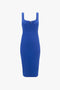 A Victoria Beckham Sleeveless Fitted T-Shirt Dress In Palace Blue, knee-length with a slight V-neckline.