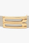 Close-up image of a Victoria Beckham Jumbo Frame Belt In Latte Leather made from calf leather, featuring a gold rectangular buckle with two parallel cut-out slots. The belt strap is light-colored.