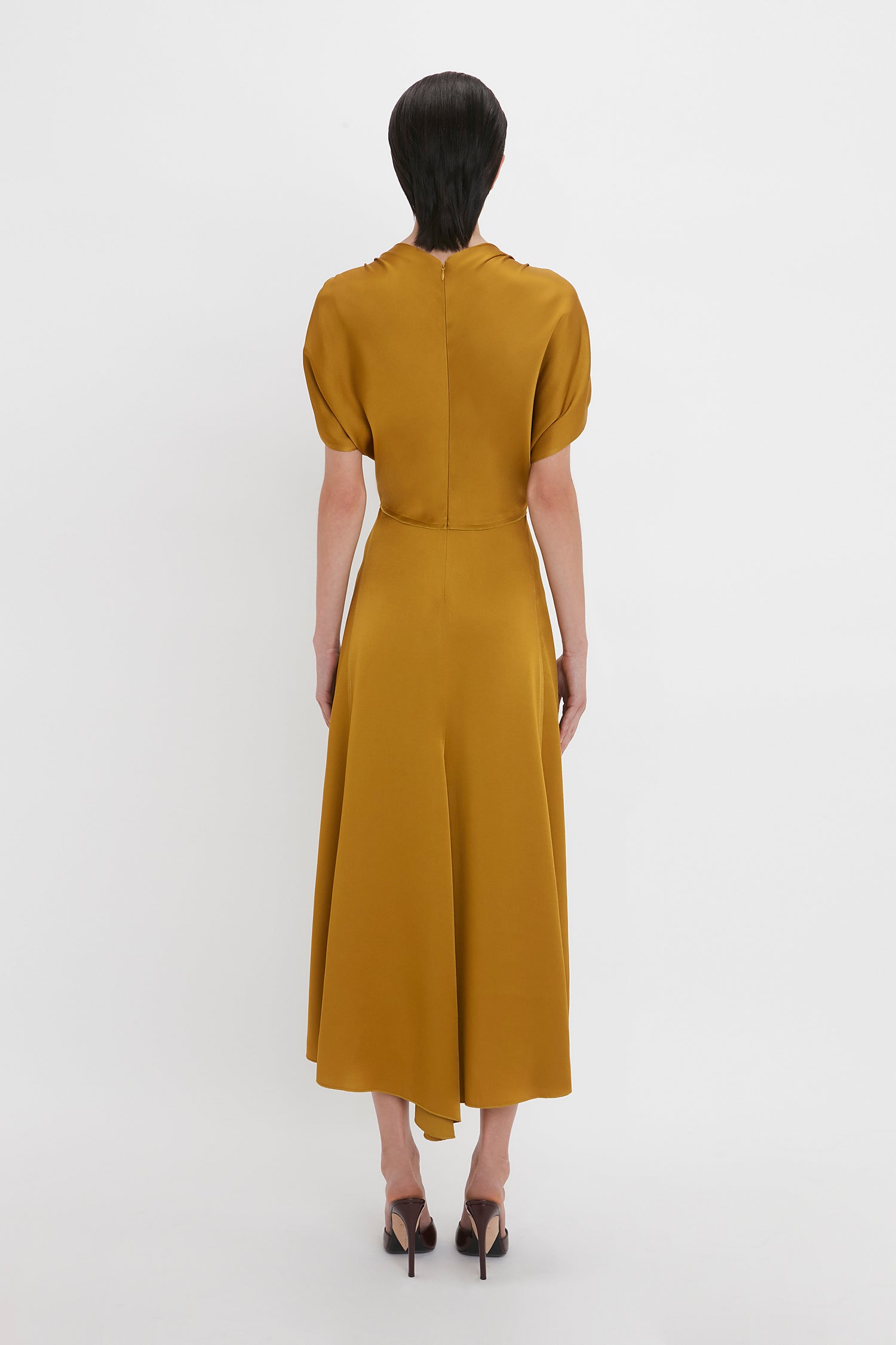 V Neck Ruffle Midi Dress In Harvest Gold Victoria Beckham UK