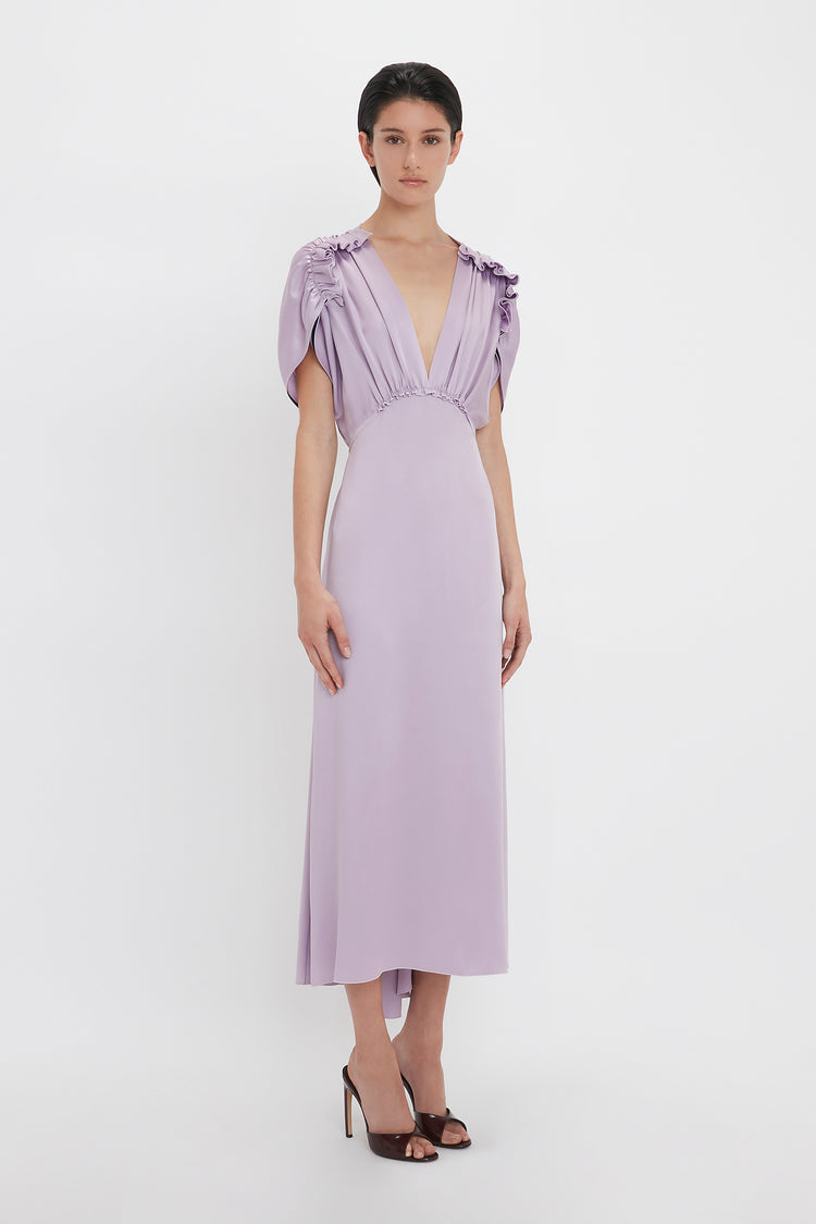 V-Neck Ruffle Midi Dress In Petunia – Victoria Beckham UK