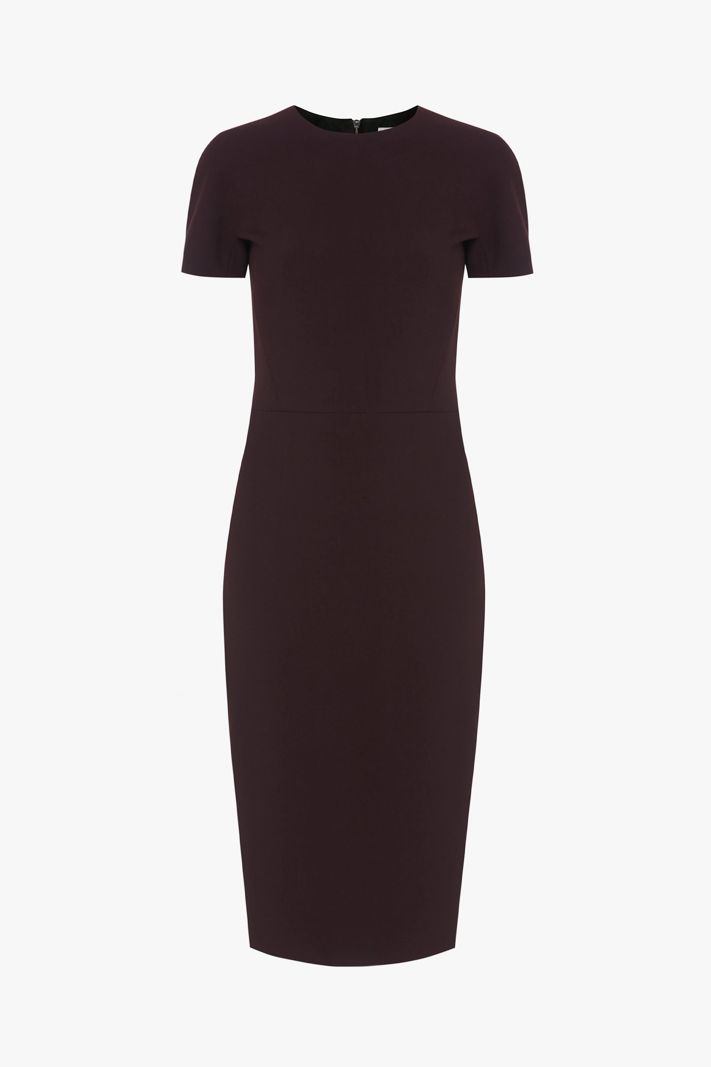 A knee-length, short-sleeve, Fitted T-Shirt Dress In Deep Mahogany by Victoria Beckham with a round neckline, reminiscent of Victoria Beckham's sophisticated style.