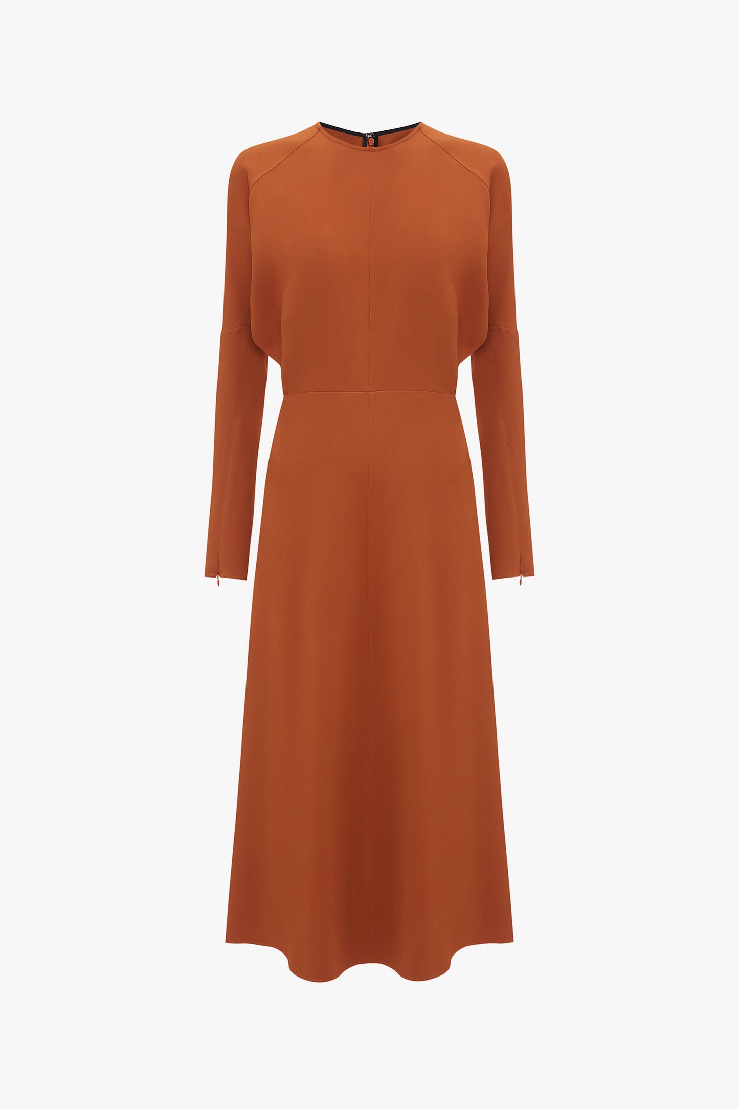 An elegant long-sleeve Dolman Midi Dress In Russet by Victoria Beckham with a fitted waist and a flared skirt, isolated on a white background.