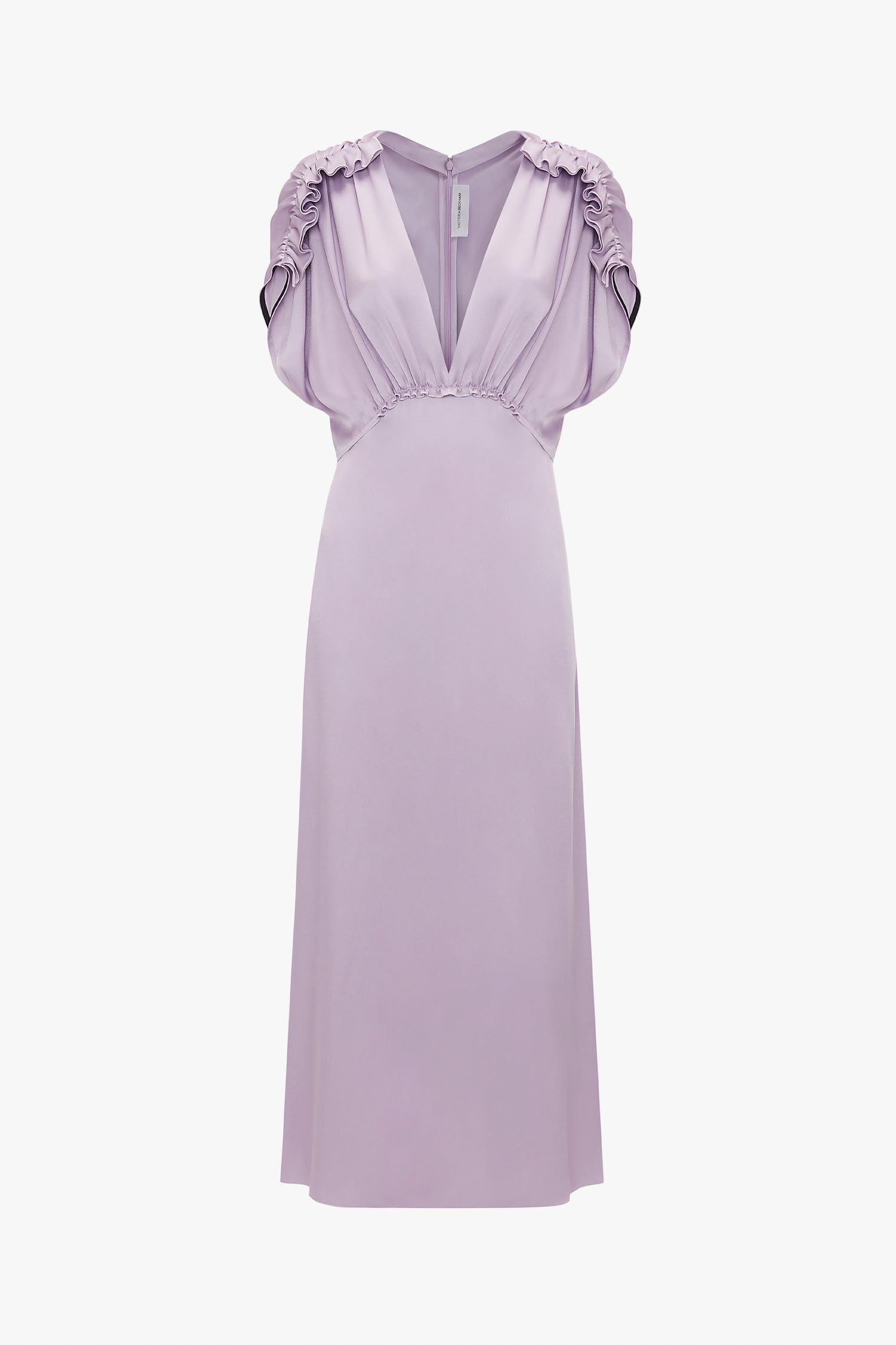 A light purple, sleeveless V-Neck Ruffle Midi Dress In Petunia with shoulder detailing and a deep V-neck, displayed against a plain white background. This elegant piece is reminiscent of the refined style associated with Victoria Beckham.