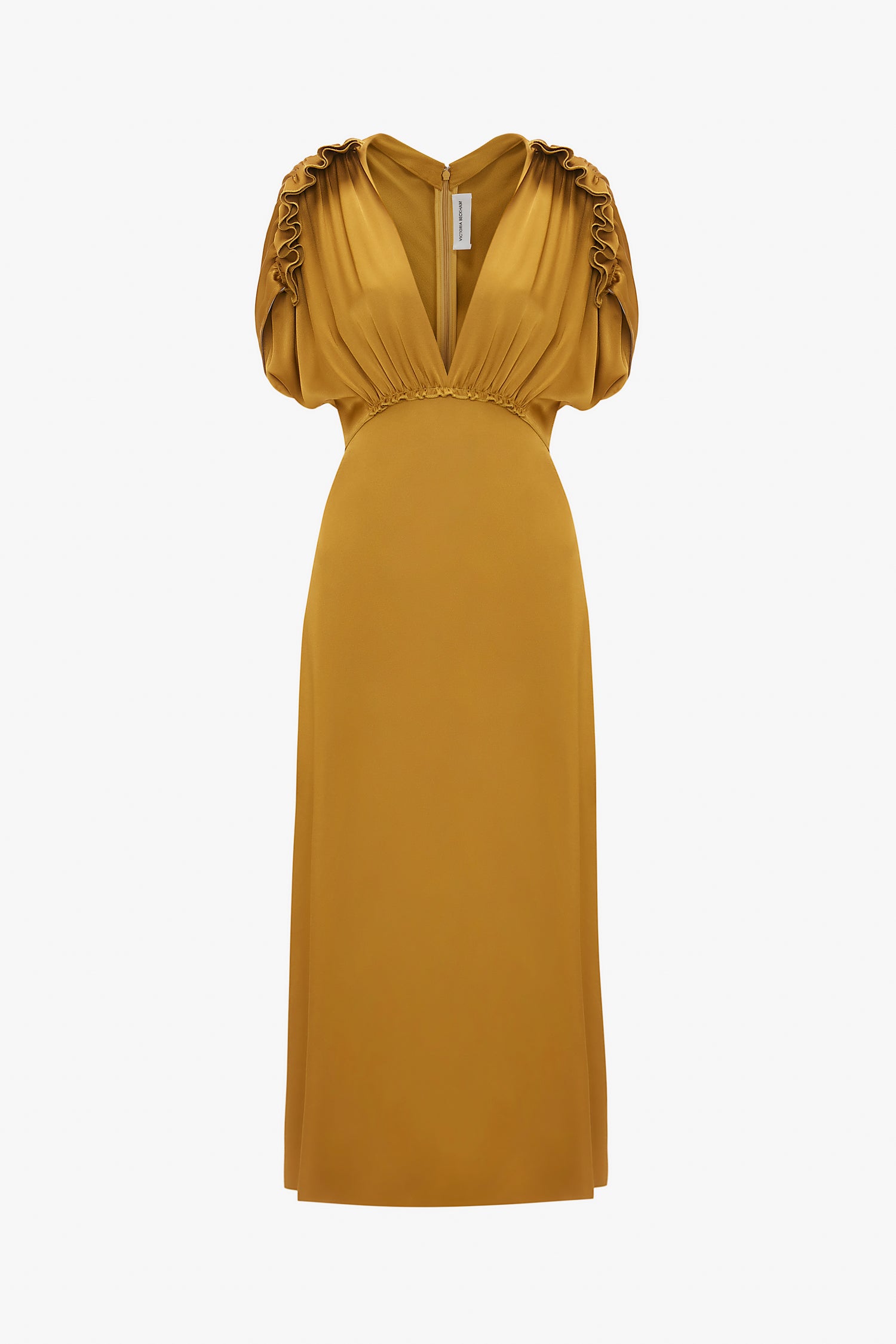 A V-Neck Ruffle Midi Dress In Harvest Gold by Victoria Beckham featuring ruched short sleeves, an elastic waistband, and a seductive knee-length hem.