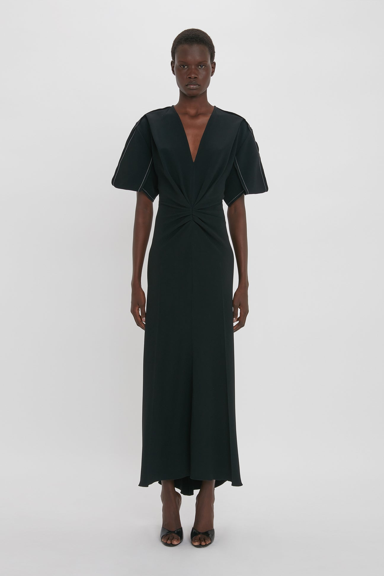 Gathered V-Neck Midi Dress in Black – Victoria Beckham UK