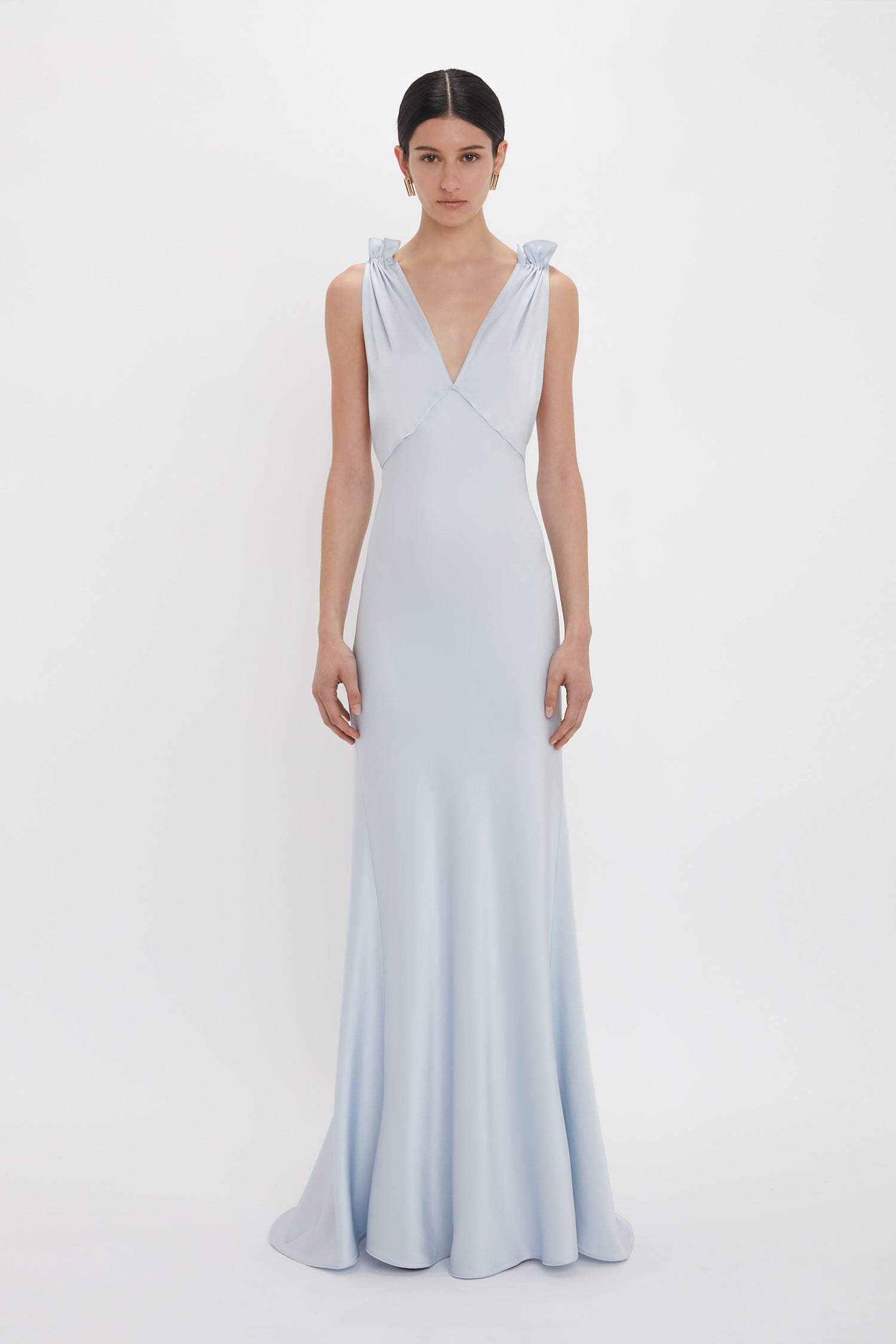 Exclusive Gathered Shoulder Cami Floor Length Gown In Ice Blue