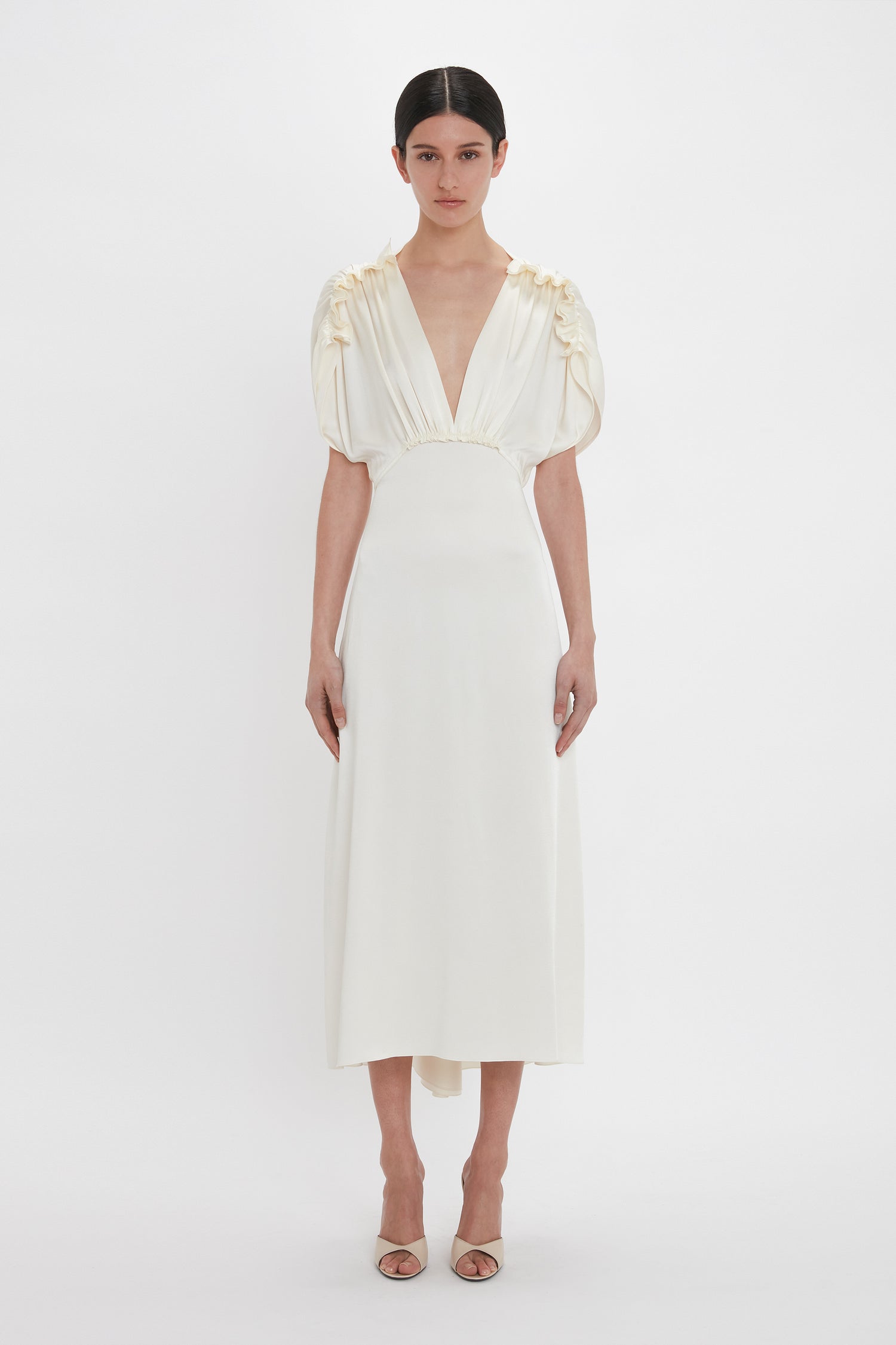 Exclusive V Neck Ruffle Midi Dress In Ivory Victoria Beckham UK