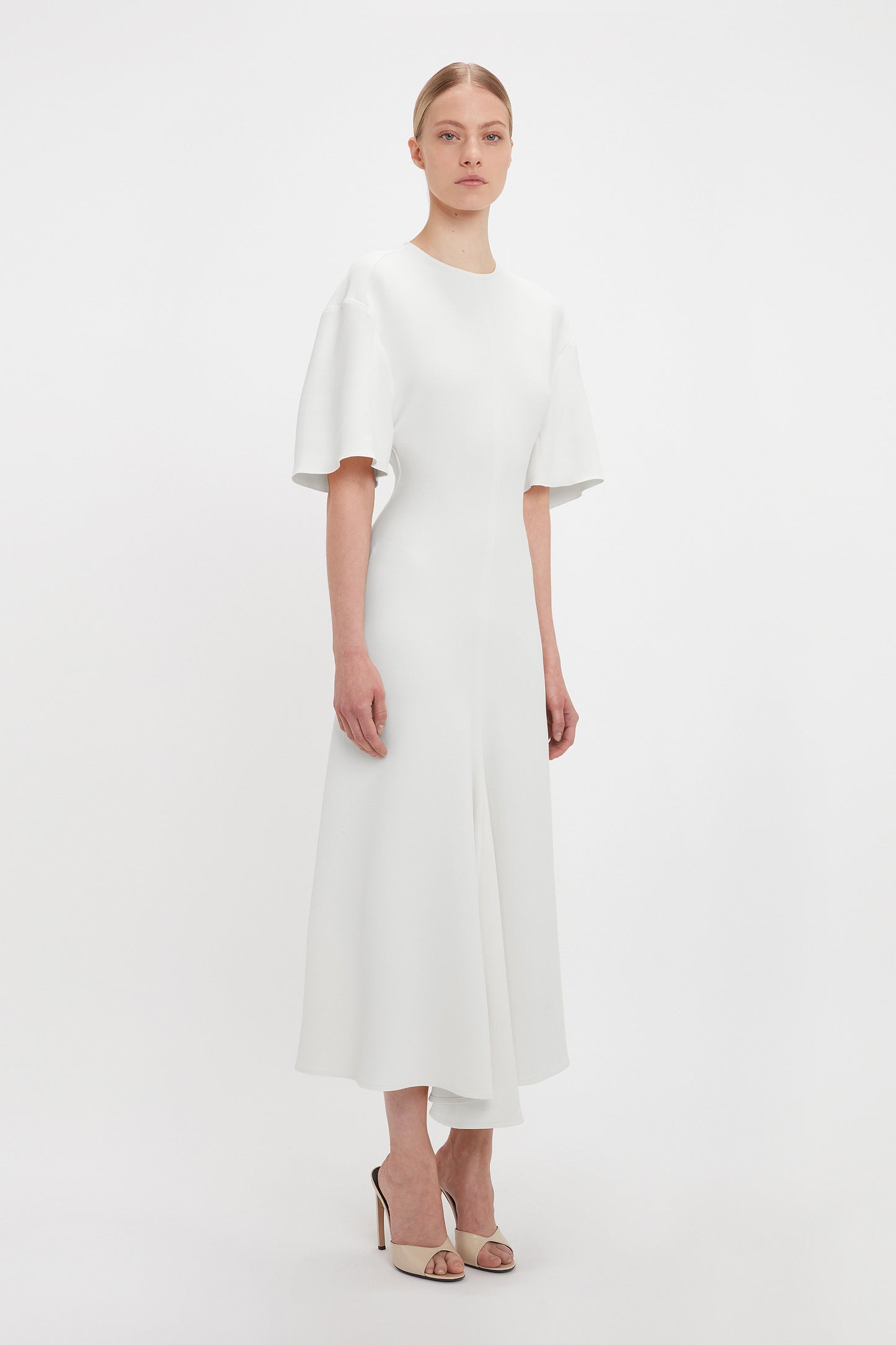 Exclusive Short Sleeve Drop Shoulder Midi Dress In Ivory