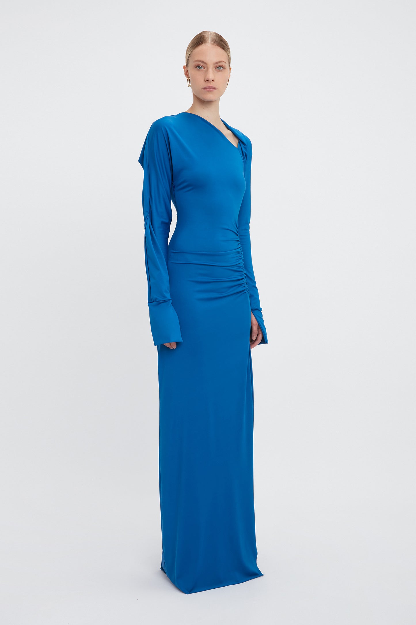 Long Sleeve Slash-Neck Jersey Floor-Length Gown In Ocean Blue