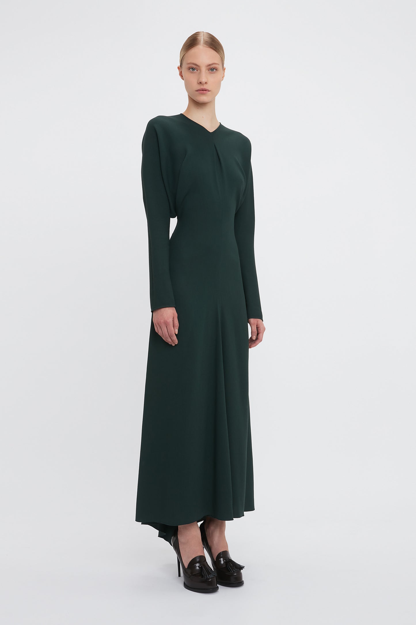 Long Sleeve Draped Midi Dress In Seaweed