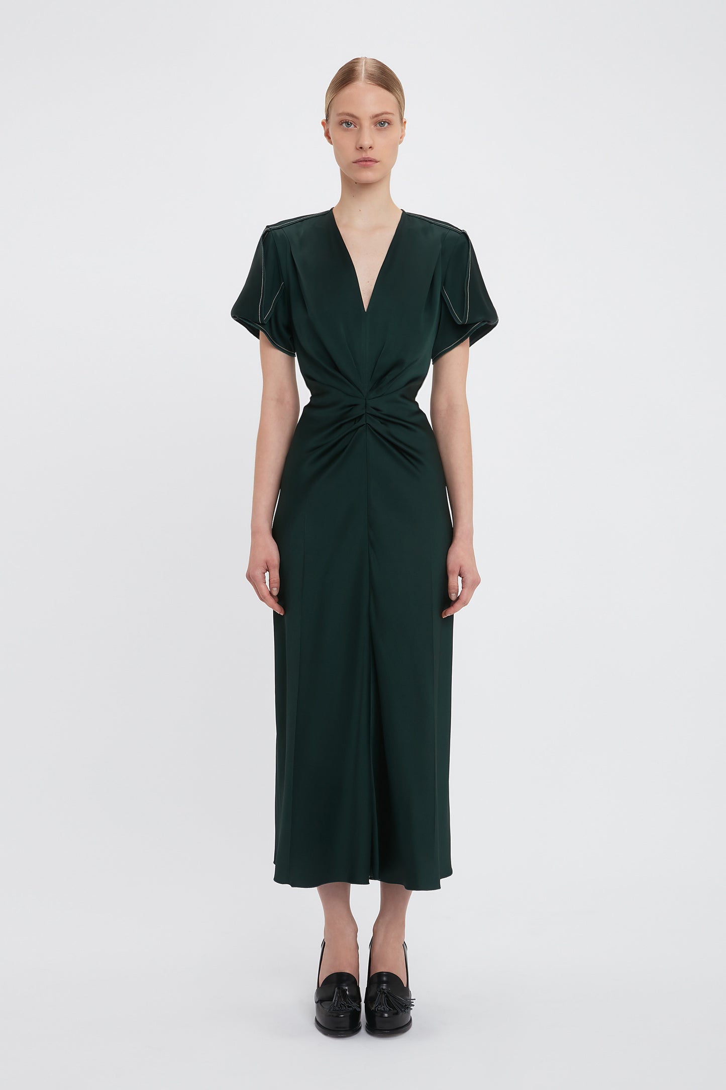 Gathered V-Neck Midi Dress In Seaweed