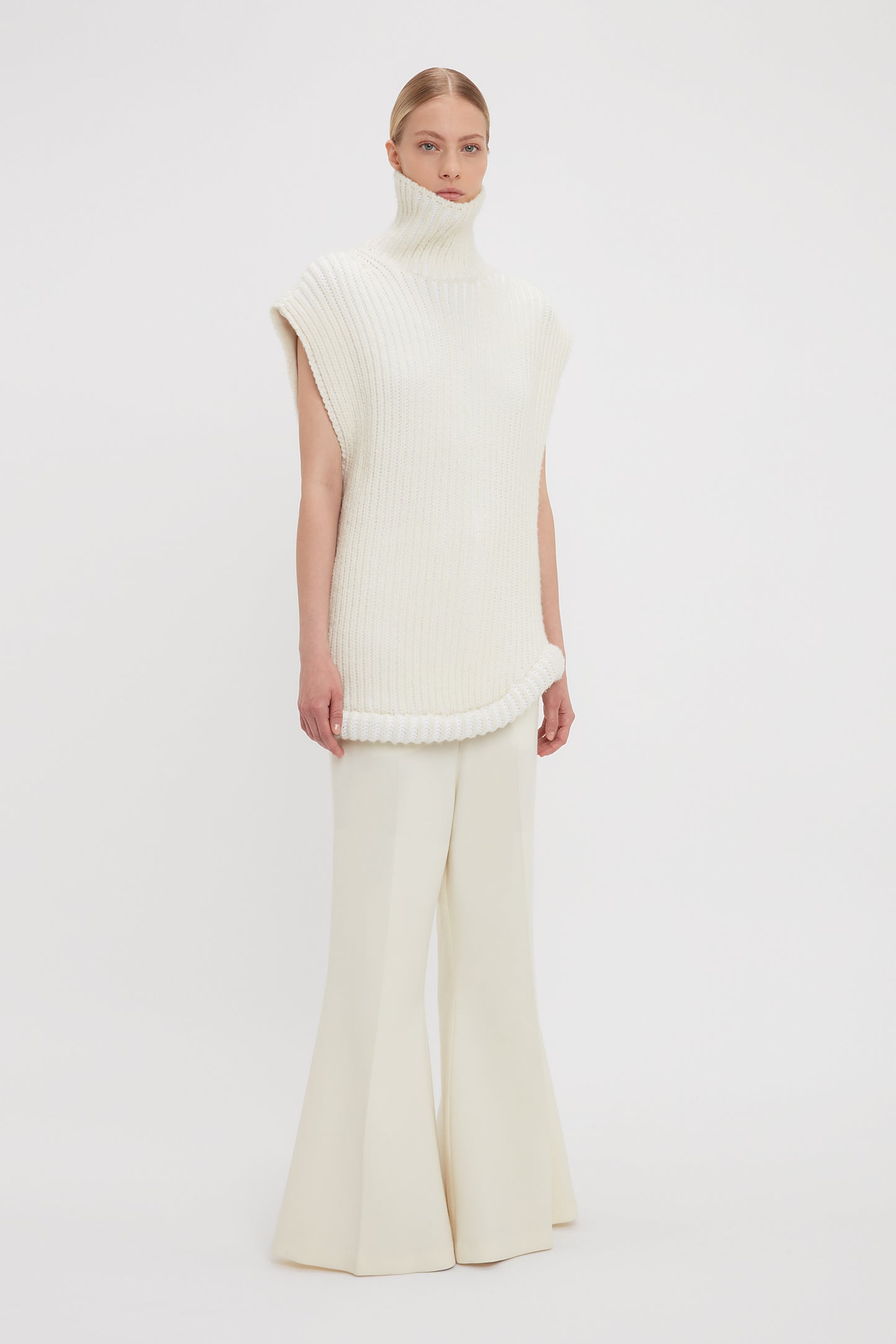 Sleeveless High Neck Knit Jumper In Ivory