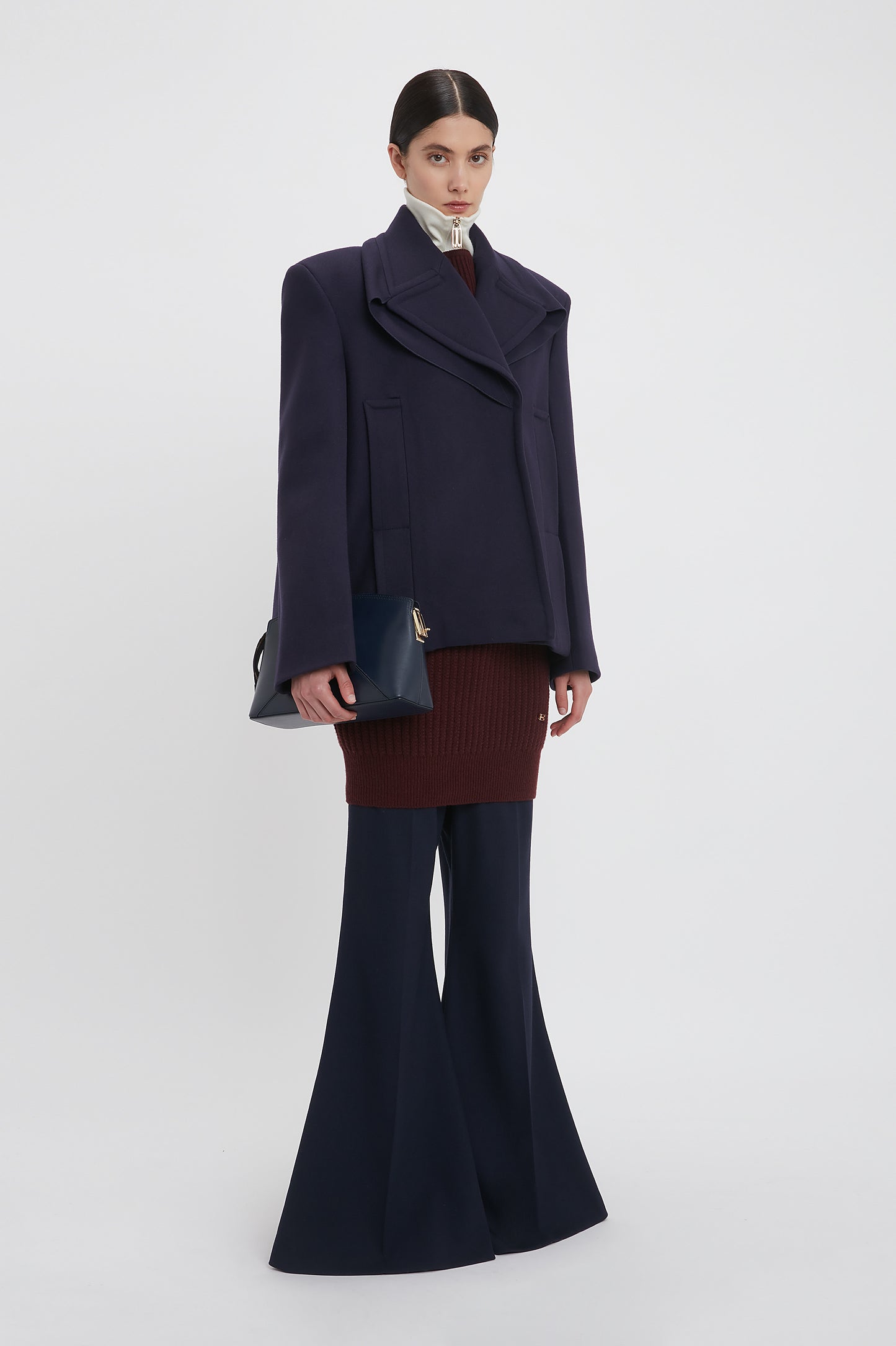 Pointed Shoulder Pea Coat In Ink Blue