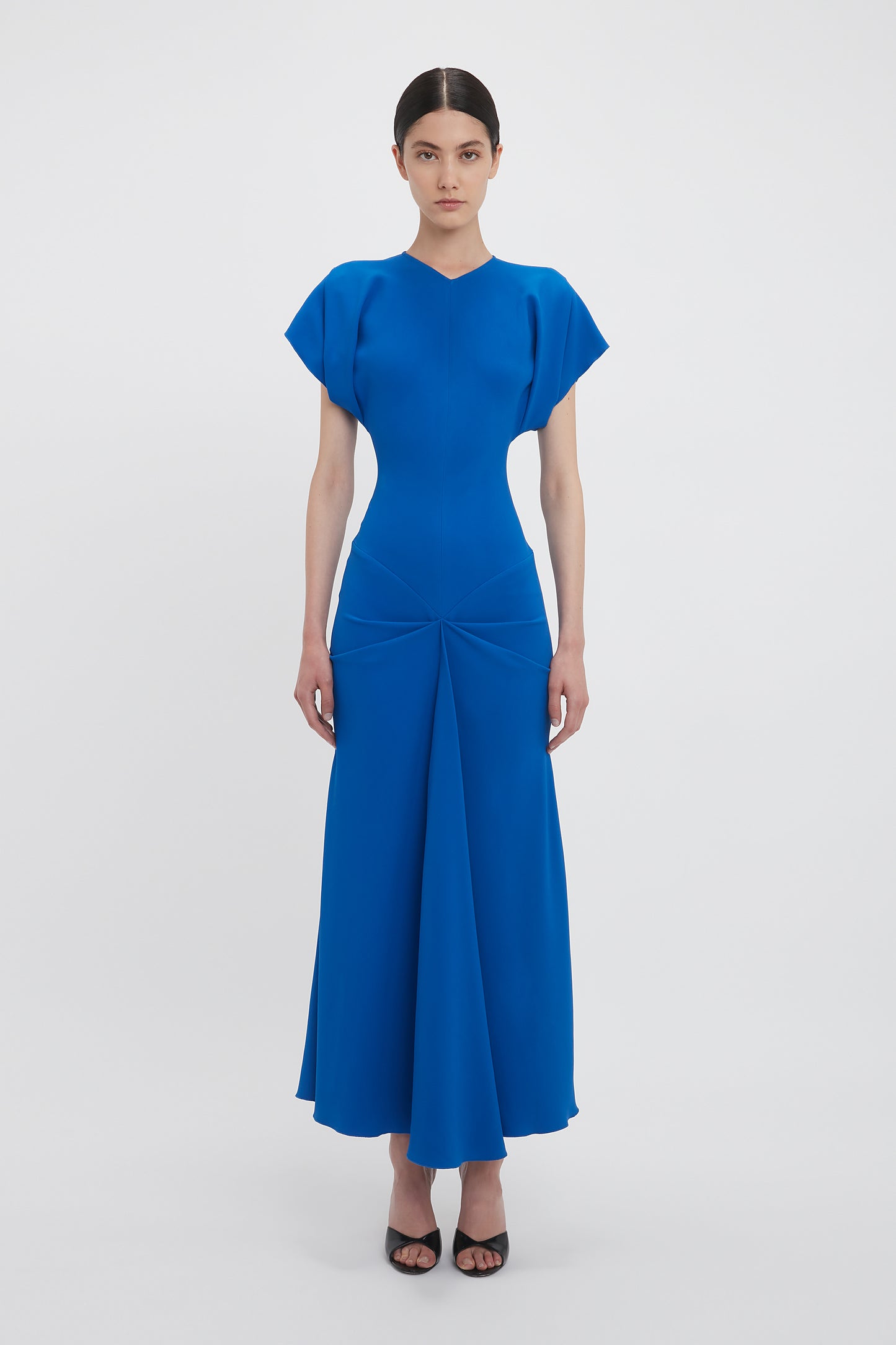 Drape Sleeve Gathered Waist Midi In Bright Blue