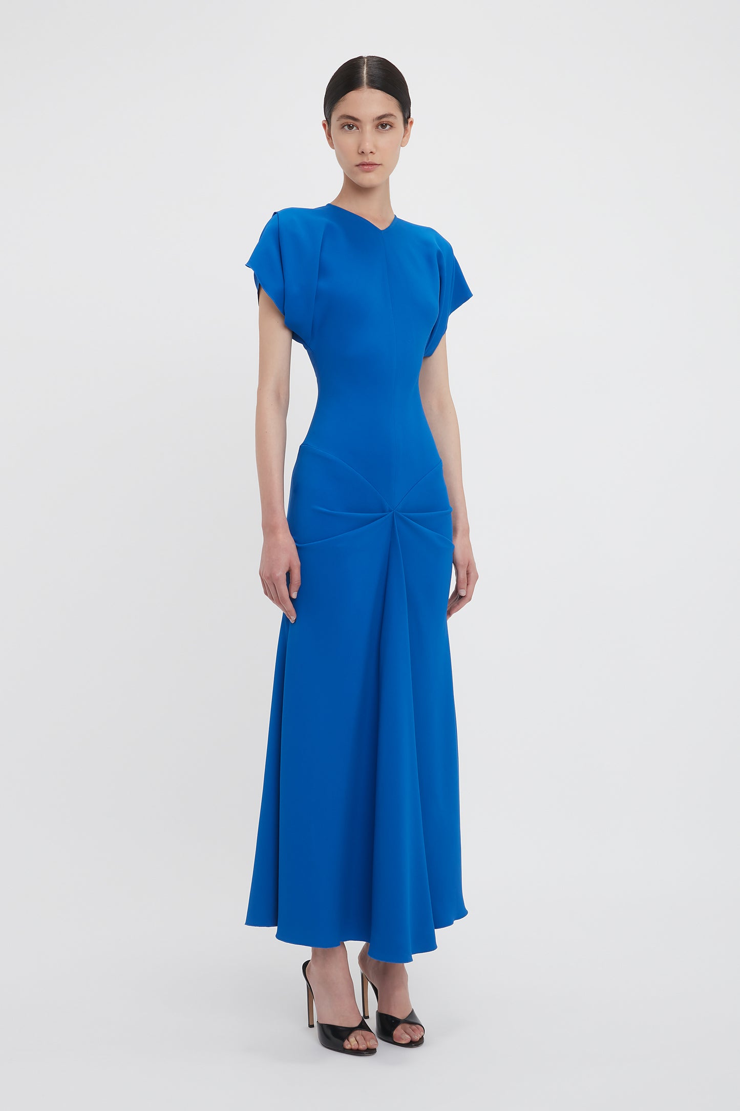 Drape Sleeve Gathered Waist Midi In Bright Blue