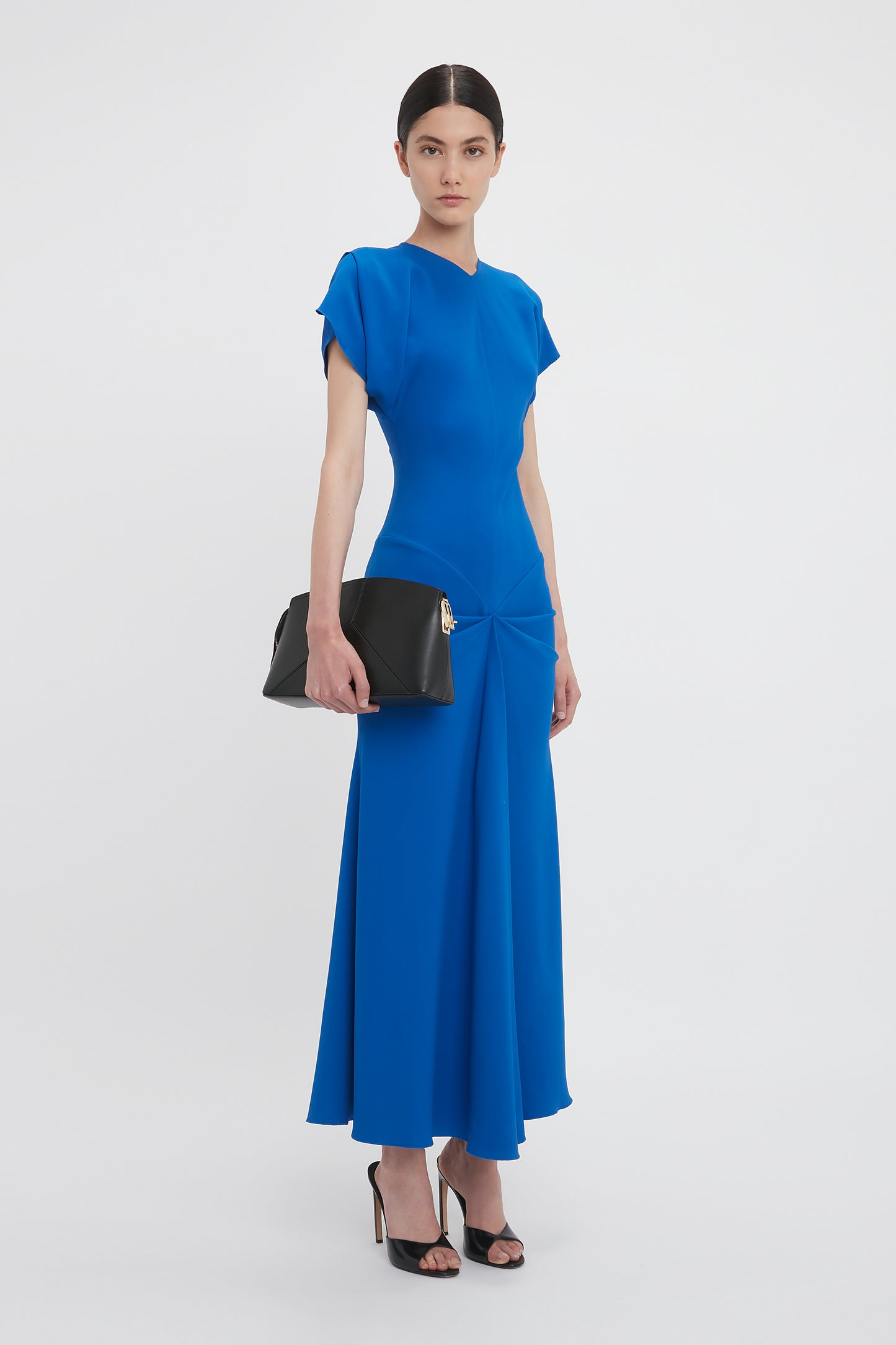 Drape Sleeve Gathered Waist Midi In Bright Blue