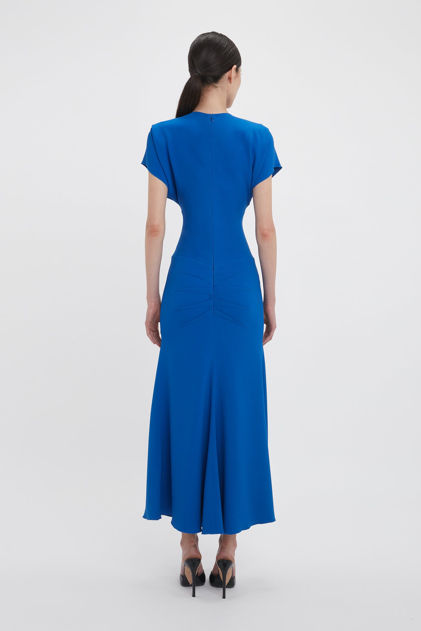 Drape Sleeve Gathered Waist Midi In Bright Blue