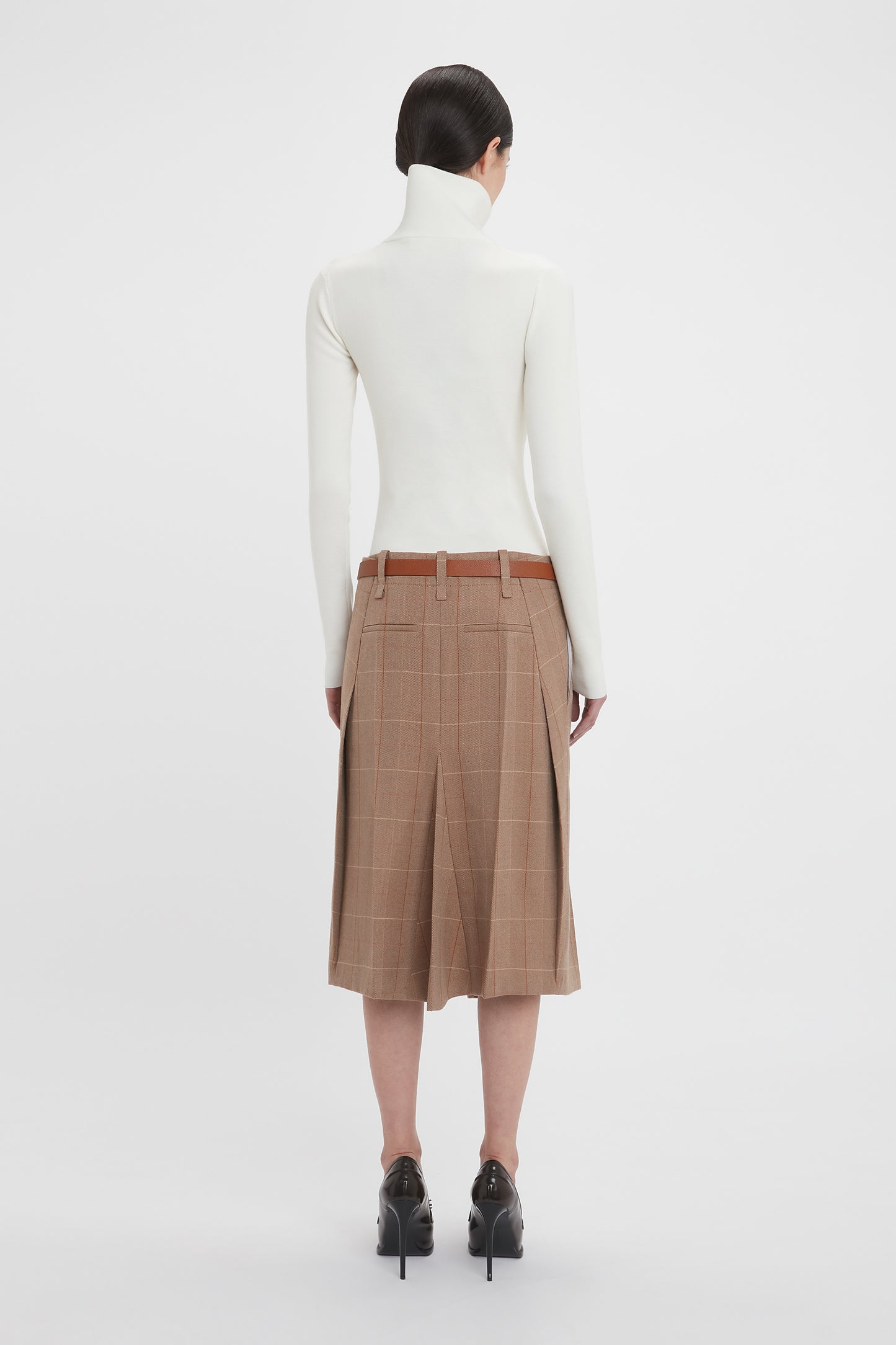 Exclusive Asymmetric Tailored Skirt In Camel-Multi Check