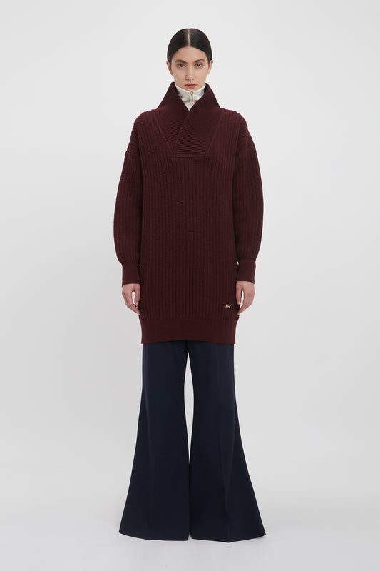 Shawl Neck Knitted Jumper Dress In Port