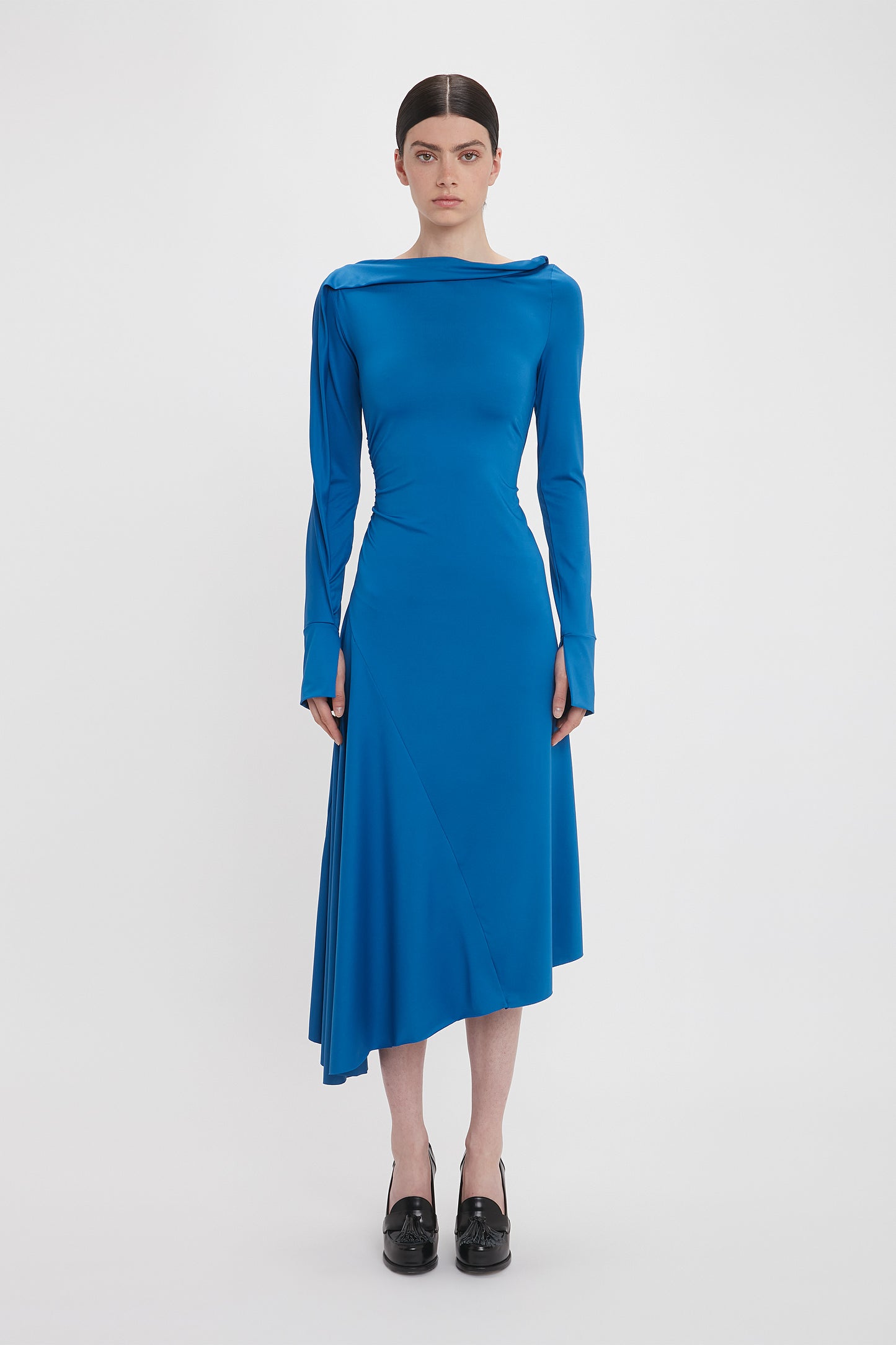 Long Sleeve Draped Jersey Midi Dress In Ocean Blue