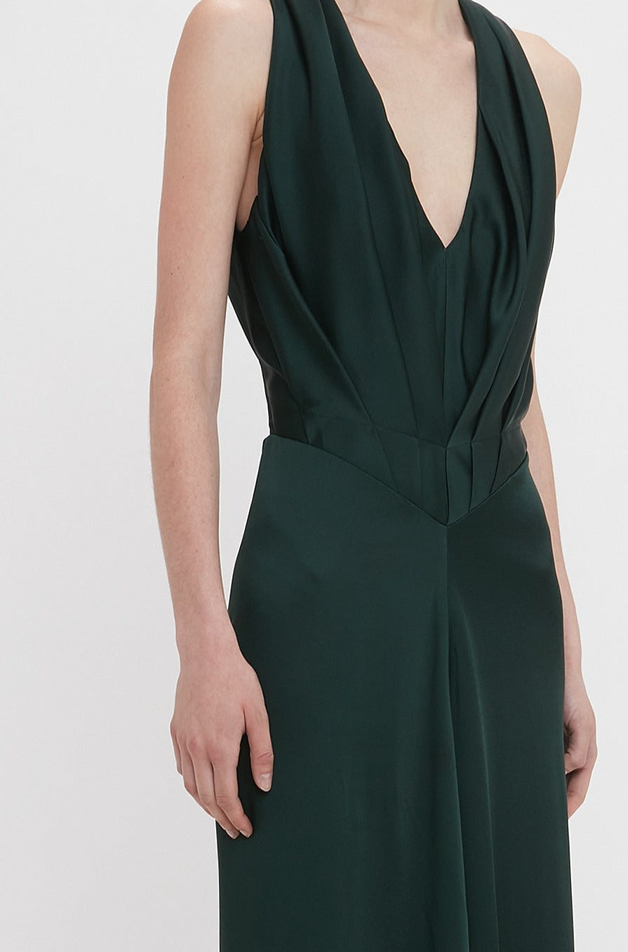 V-Neck Gathered Floor-Length Dress In Seaweed