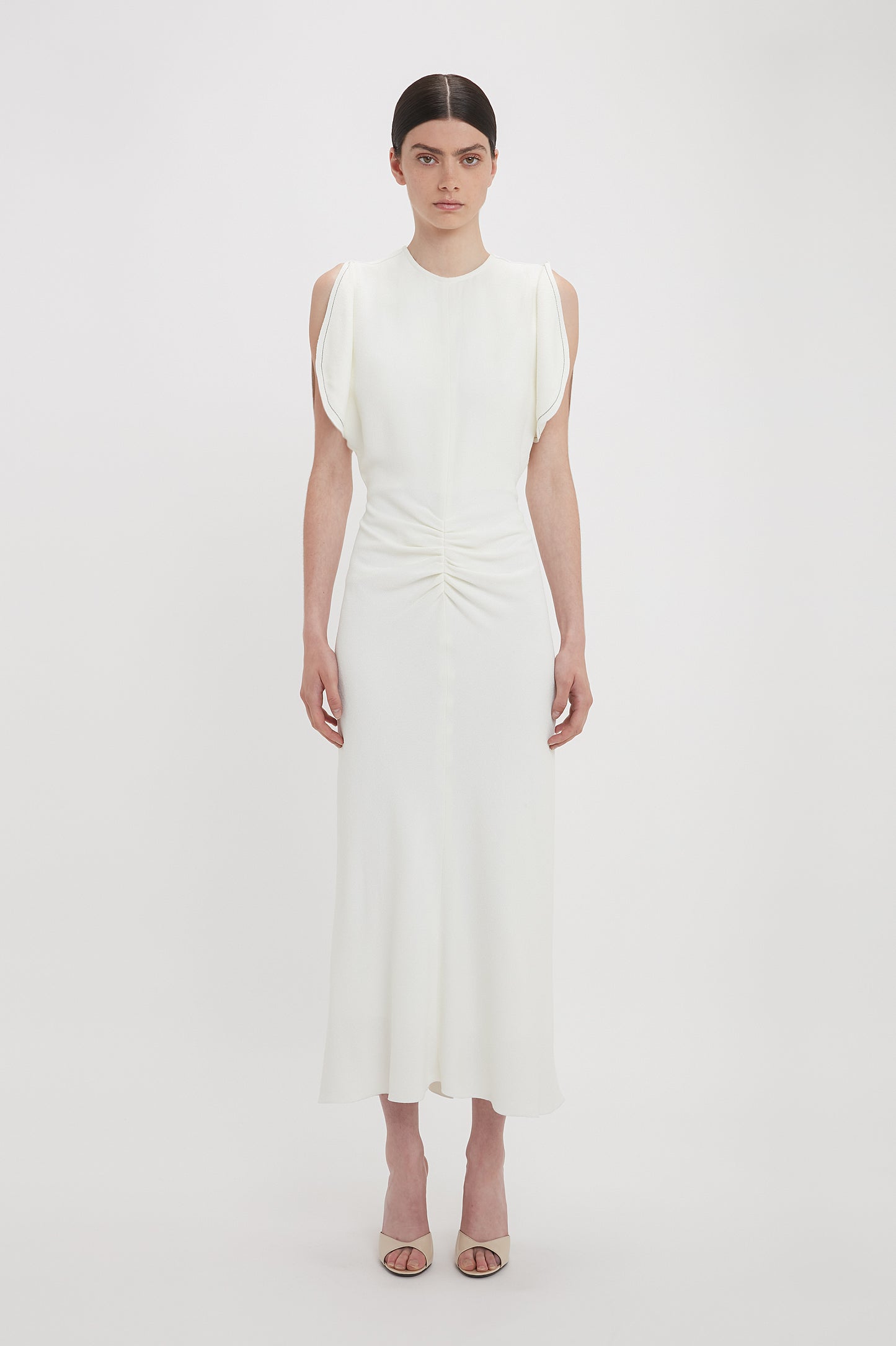 Exclusive Gathered Waist Midi Dress In Ivory