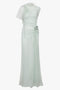 A limited edition, Gathered Tulle Detail Floor-Length Dress In Jade by Victoria Beckham with a single shoulder design, ruched detailing, and floral embellishments at the waist and shoulder.