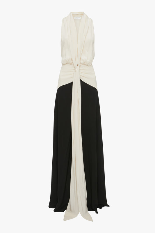 Exclusive Sleeveless Tie Detail Gown In Ivory-Black