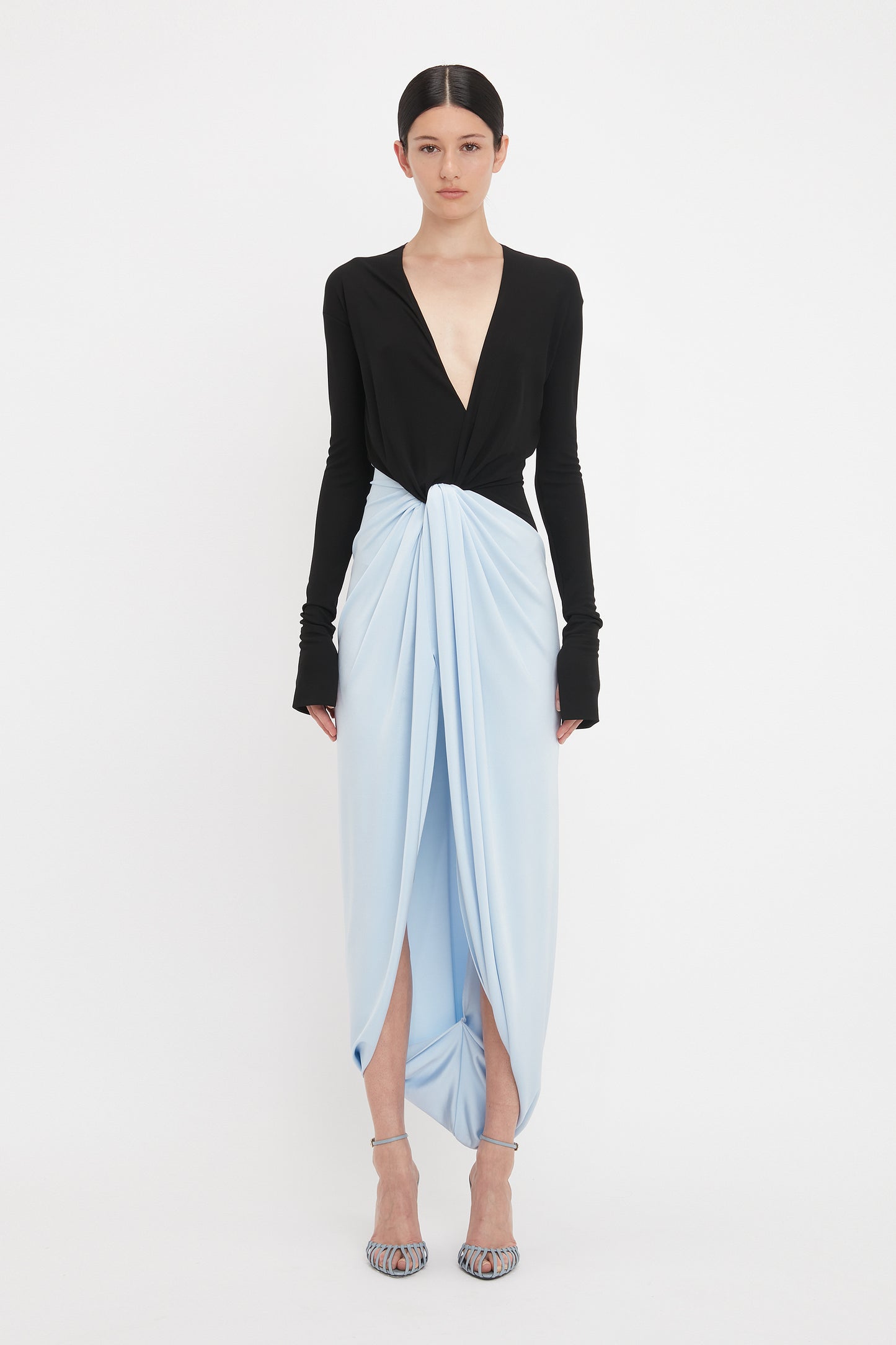 Long Sleeve Knot Detail Jersey Gown In Black-Iceberg