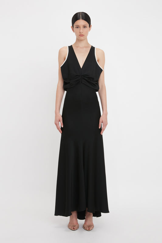 Draped Armhole Detail V-Neck Gown In Black