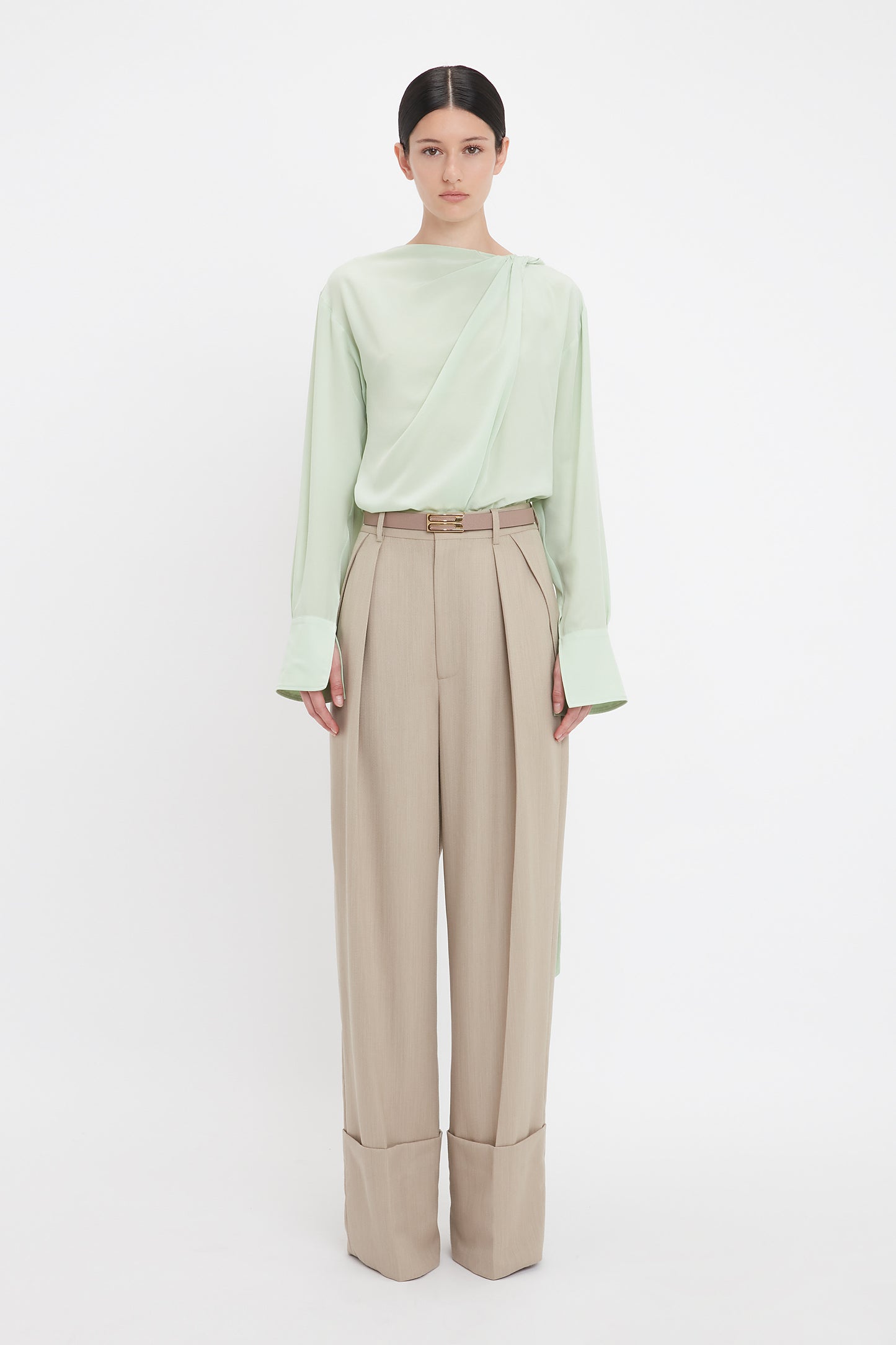 Wide Leg Turn-Up Trouser In Almond