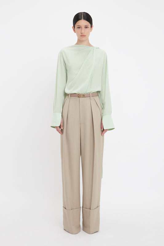 Wide Leg Turn-Up Trouser In Almond