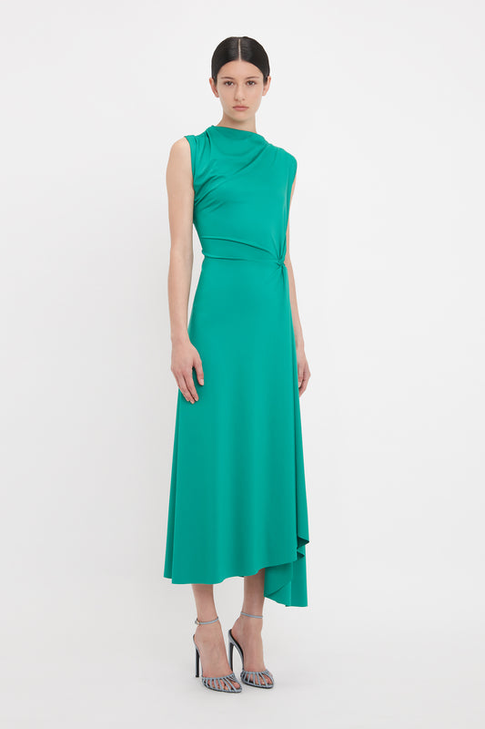 Asymmetric Drape Midi Dress In Peacock