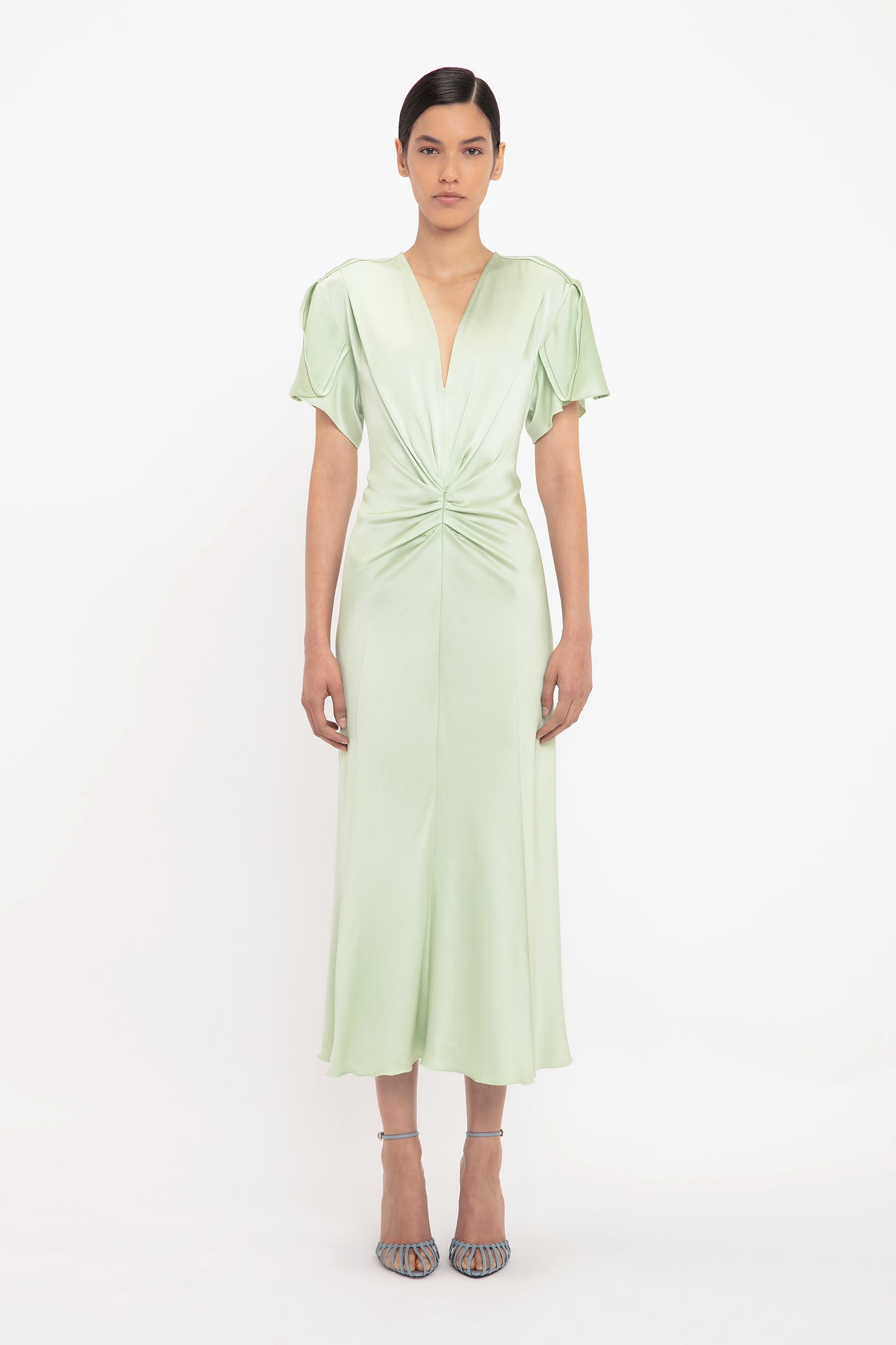 Gathered V-Neck Midi Dress In Jade