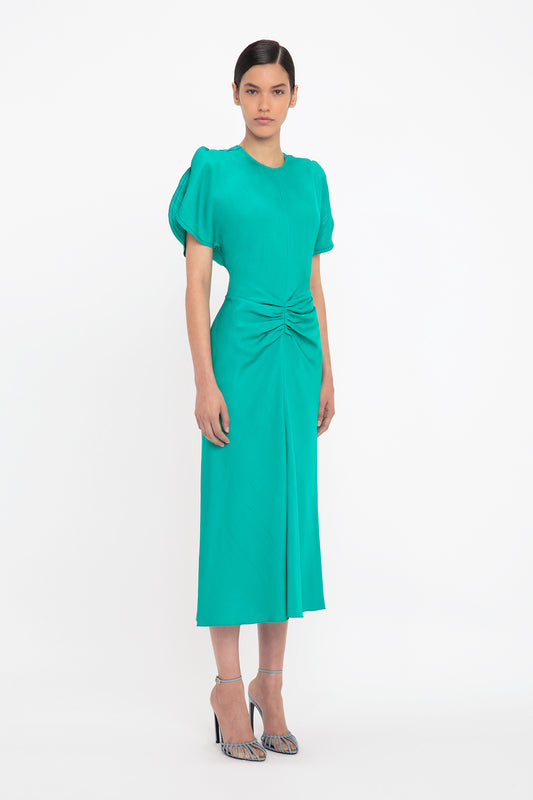 Gathered Waist Midi Dress In Peacock