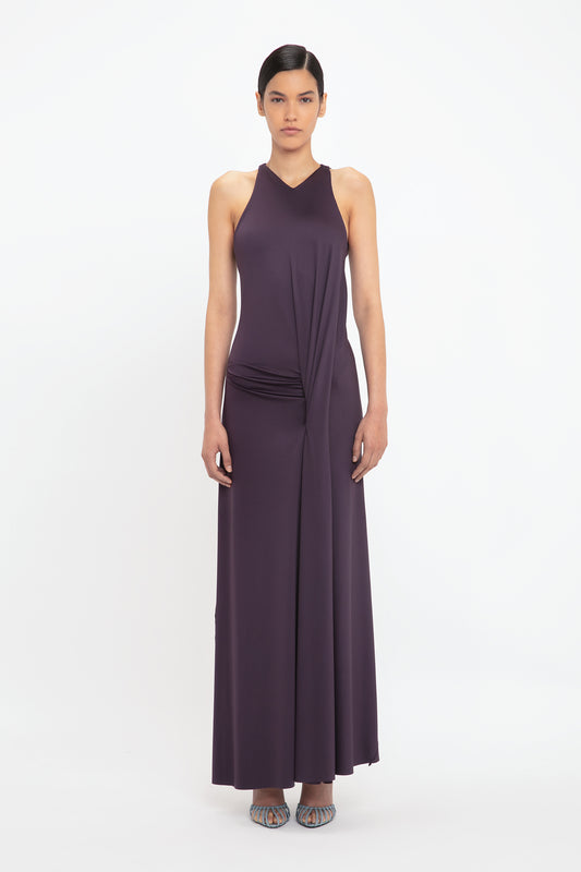 Sleeveless Drape Front Gown In Fig