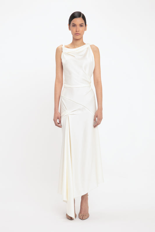 Asymmetric Draped Midi Dress In Ivory