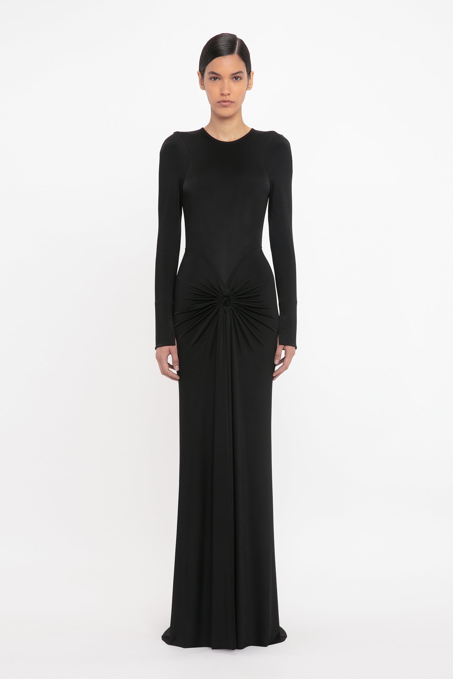 Long Sleeve Gathered Midi Dress In Black Victoria Beckham UK