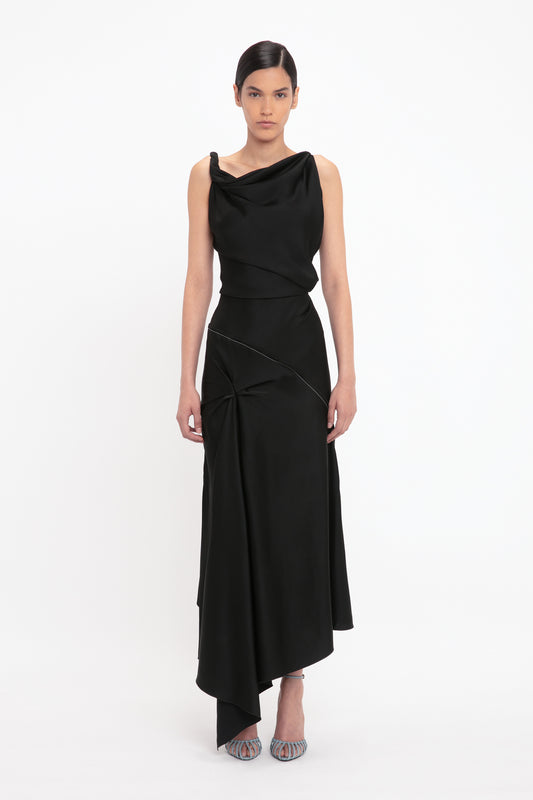 Asymmetric Draped Midi Dress In Black