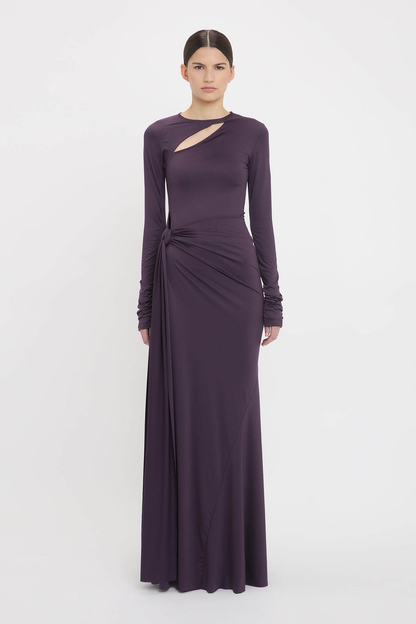 Long Sleeve Tie Front Gown In Fig