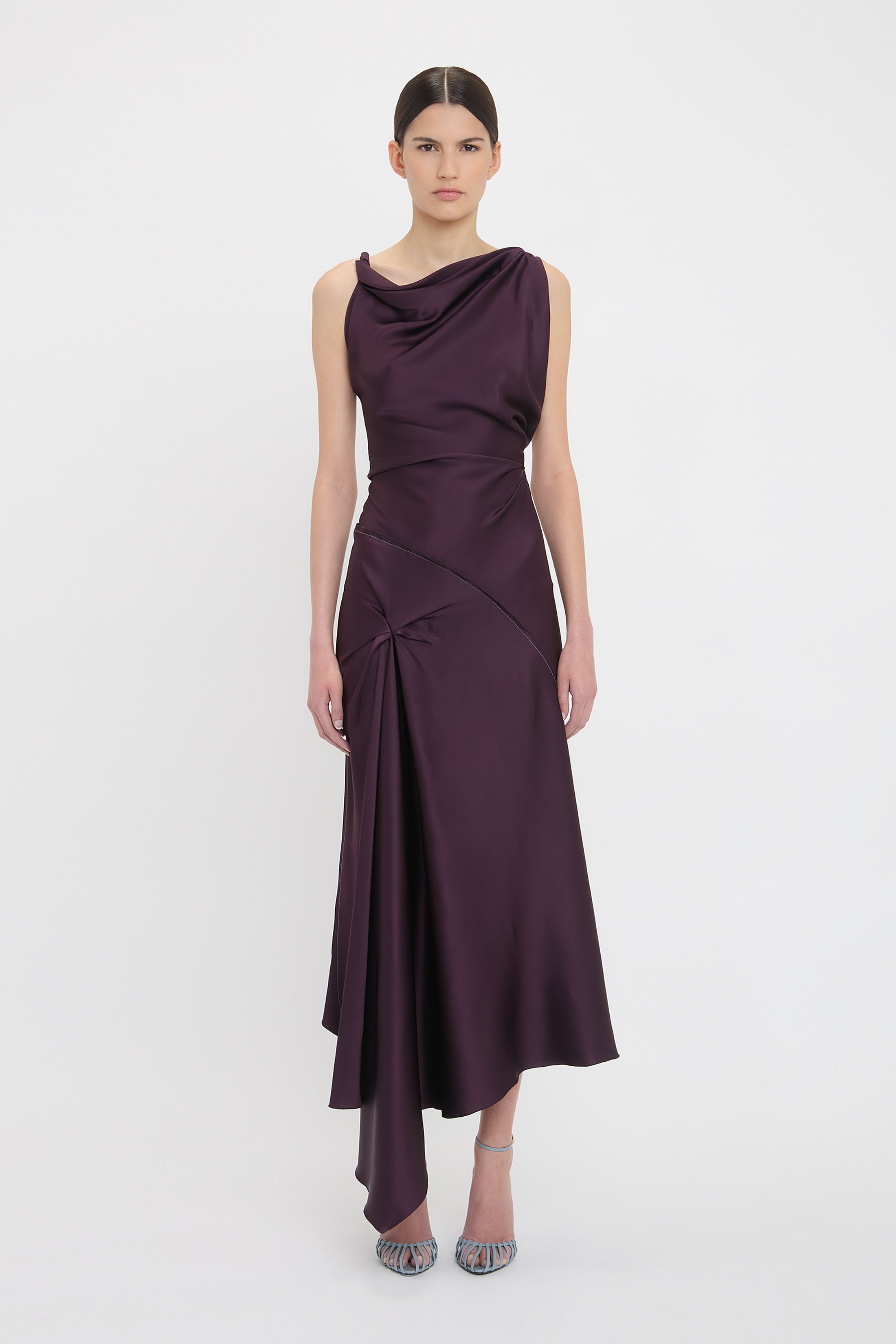 Asymmetric Draped Midi Dress In Fig – Victoria Beckham UK