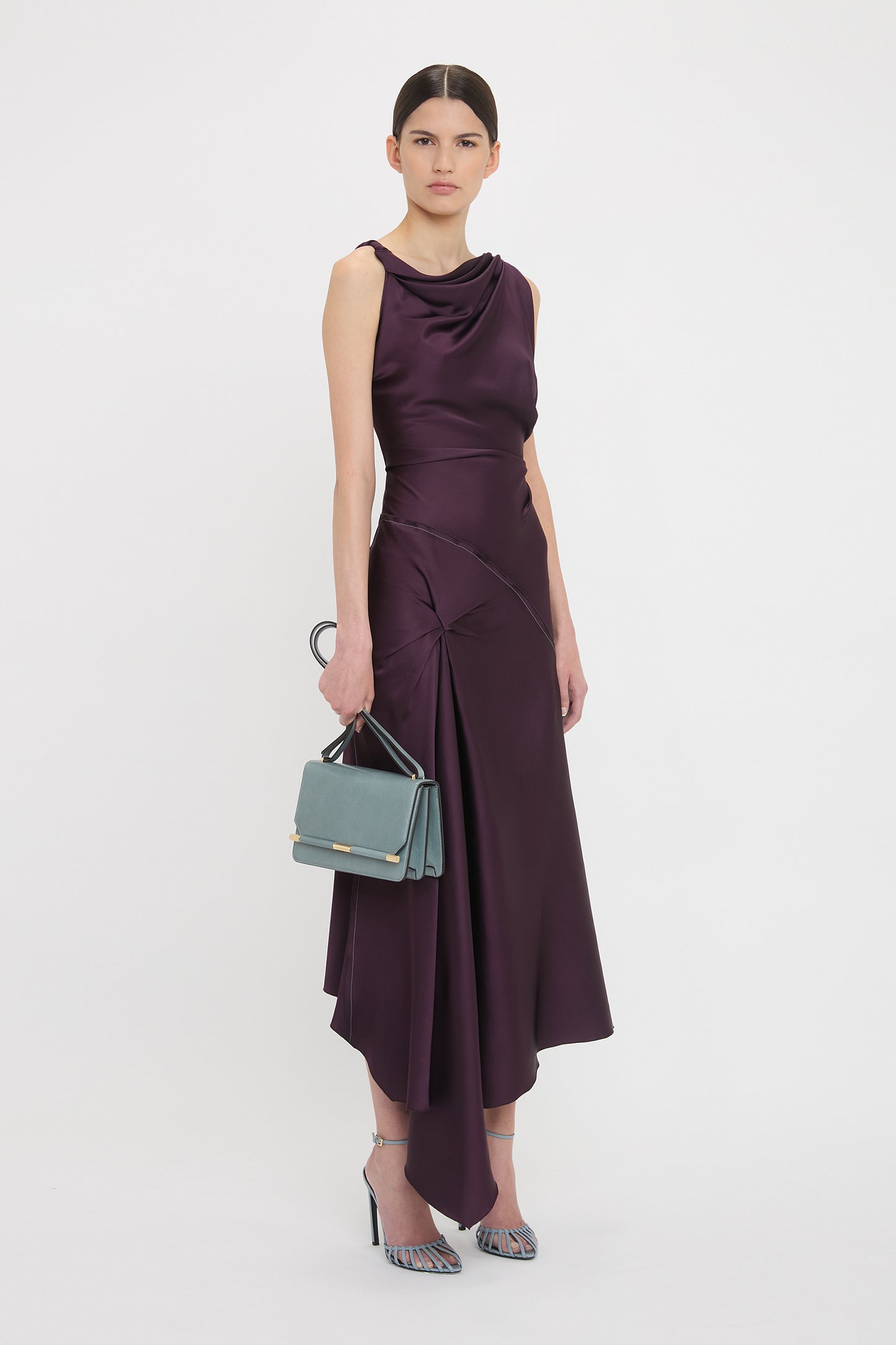 Asymmetric Draped Midi Dress In Fig