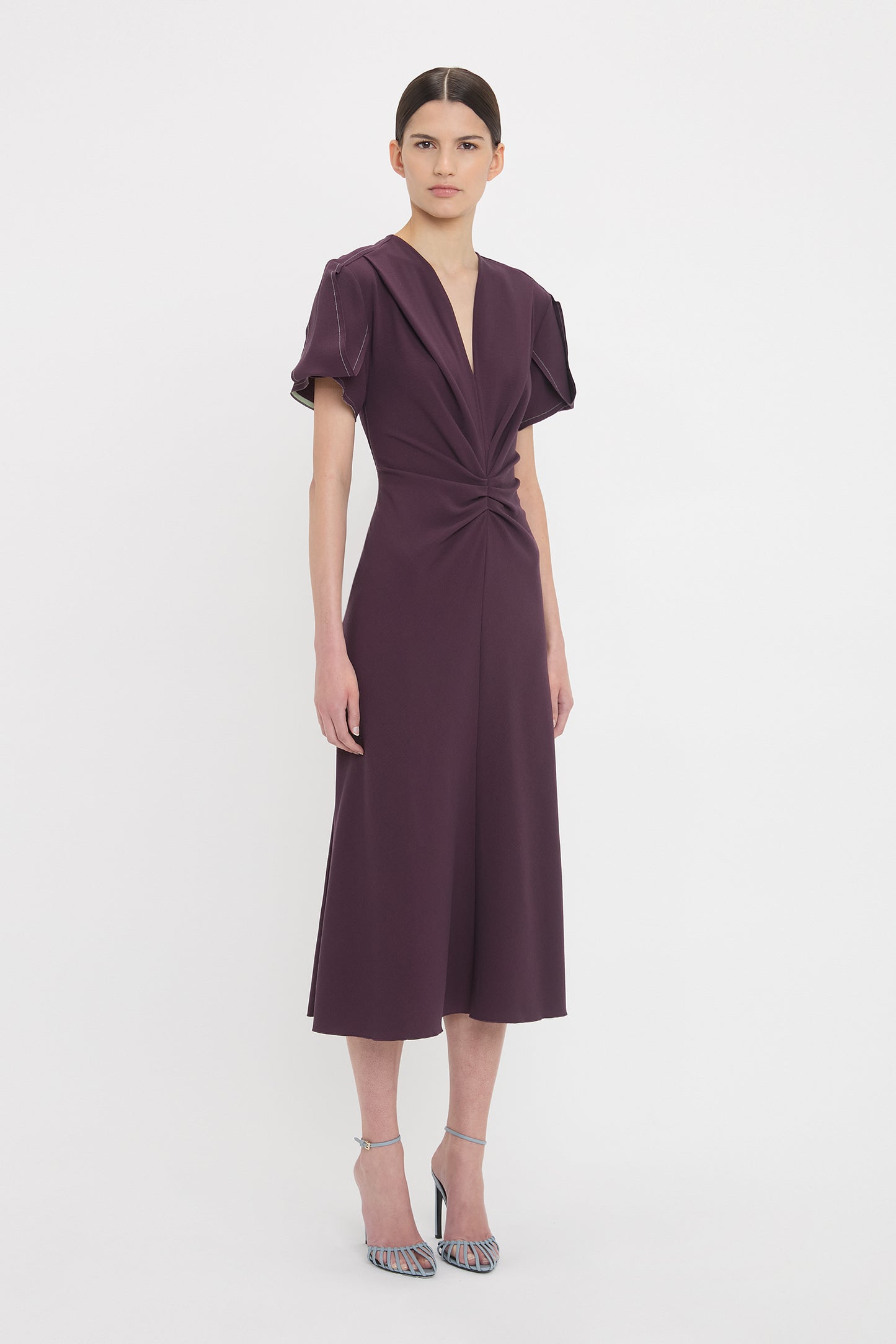 Gathered V-Neck Midi Dress In Fig