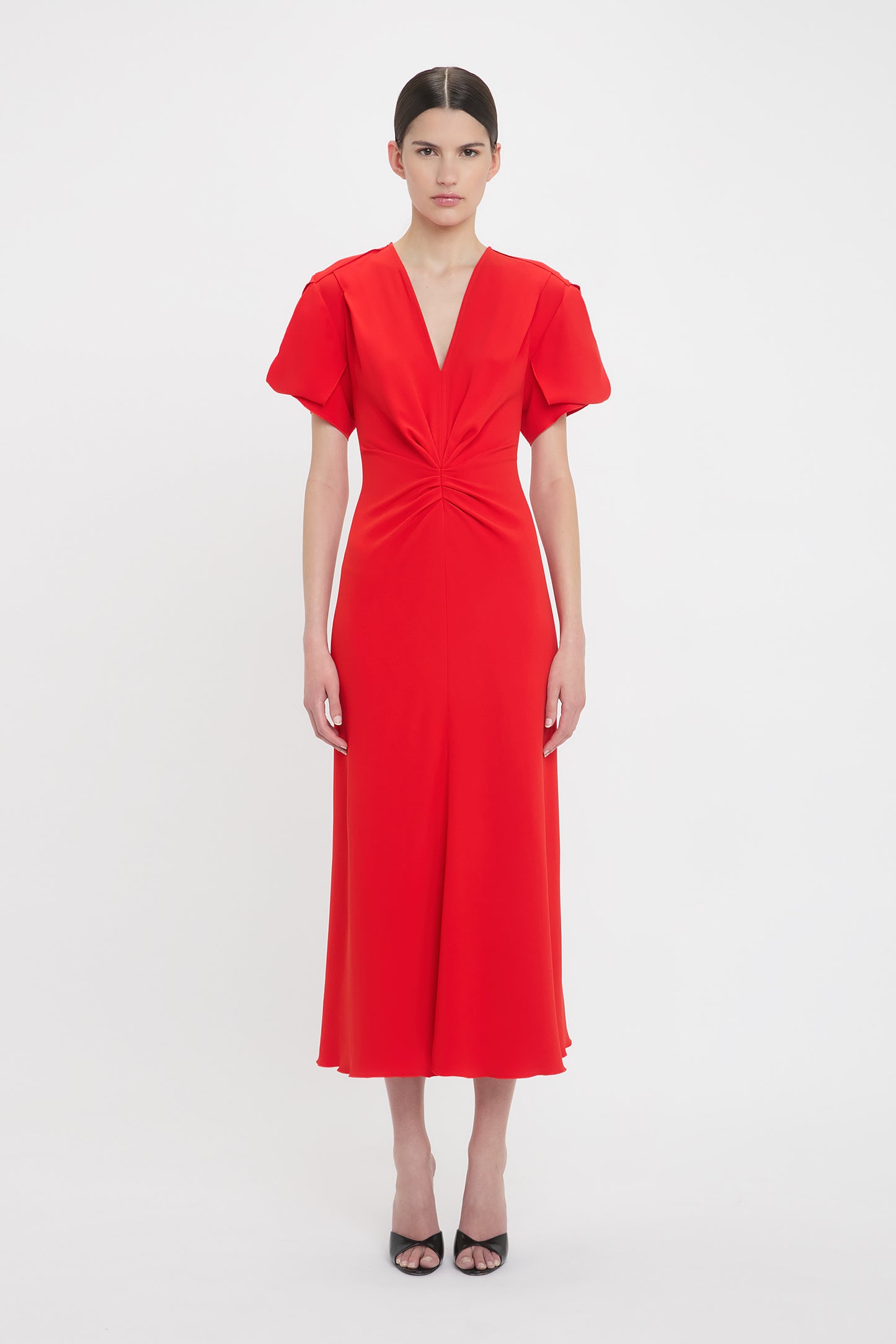 Gathered V-Neck Midi Dress In Tomato