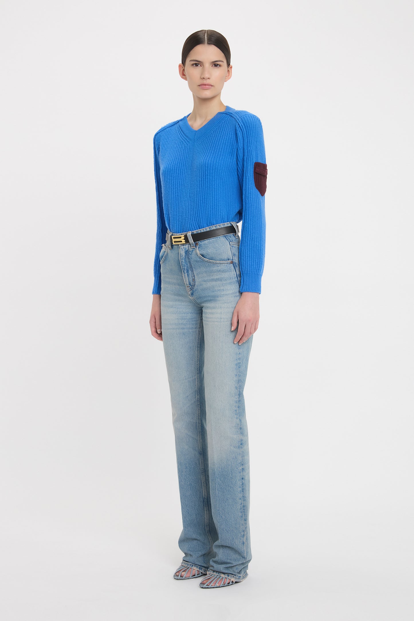 V Neck Knitted Jumper In Regatta Blue